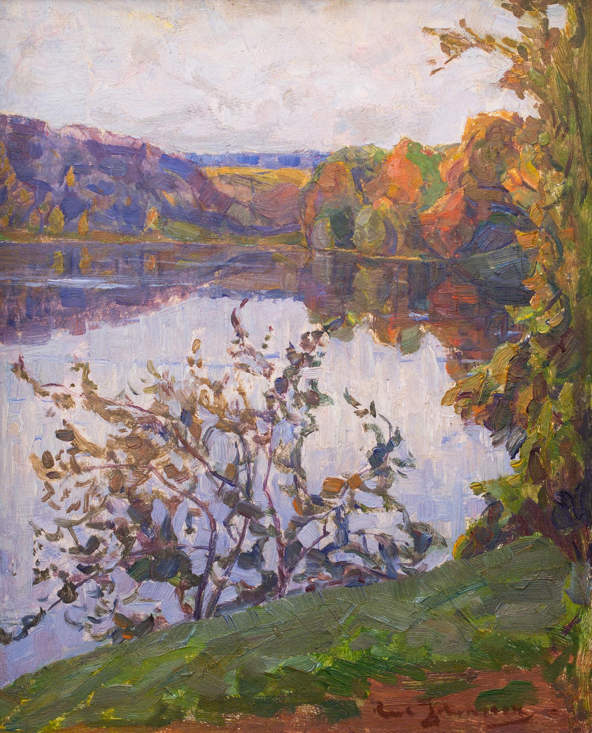 Autumn View With Calm Lake and Windswept Trees by Carl Johansson, Swedish Artist - Painting by Carl Johansson 