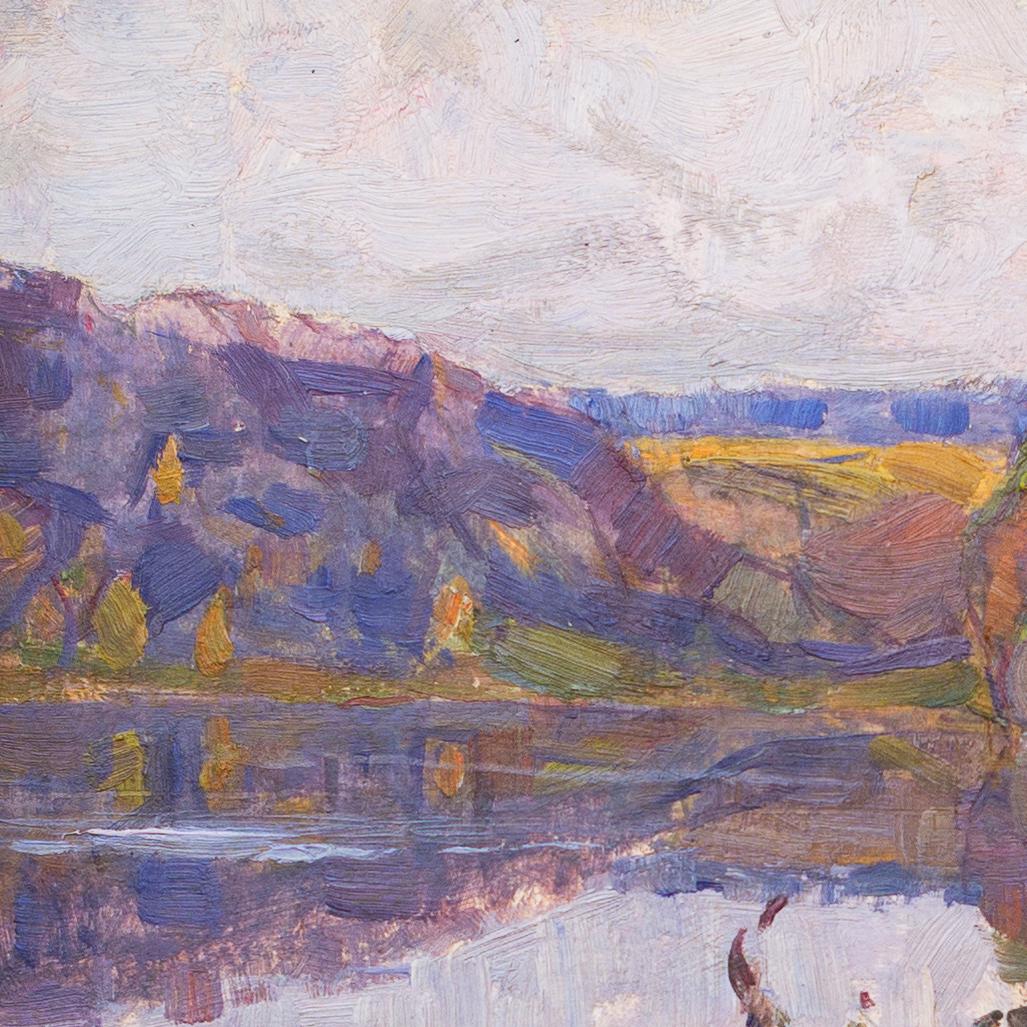 Autumn View With Calm Lake and Windswept Trees by Carl Johansson, Swedish Artist - Impressionist Painting by Carl Johansson 