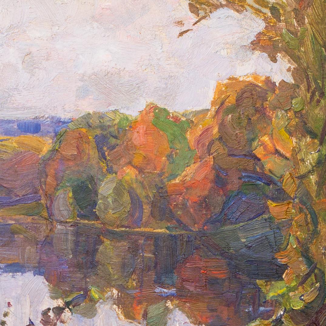 Autumn View With Calm Lake and Windswept Trees by Carl Johansson, Swedish Artist - Black Landscape Painting by Carl Johansson 