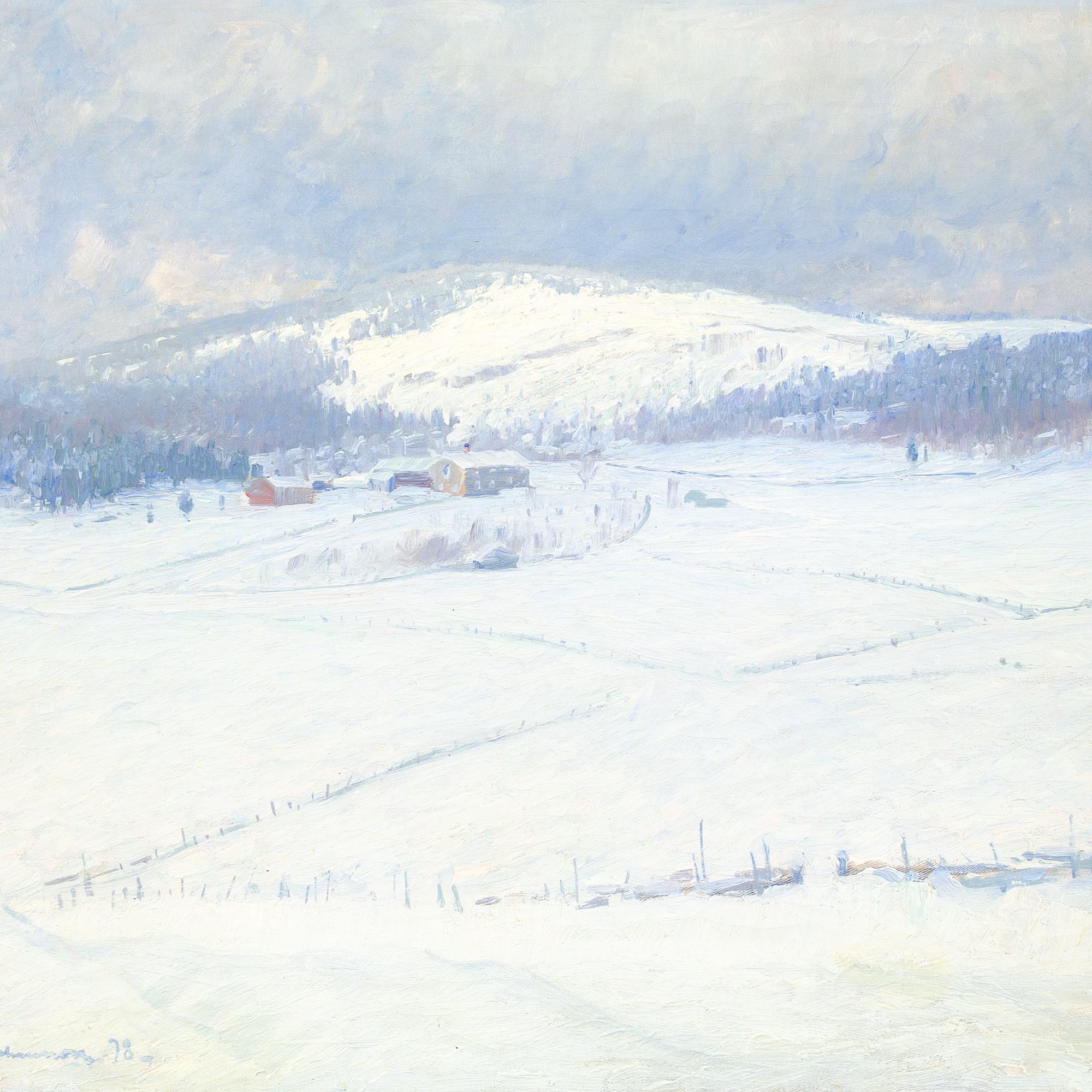 Carl Johansson, Snowy Landscape With Buildings, Antique Oil Painting 3