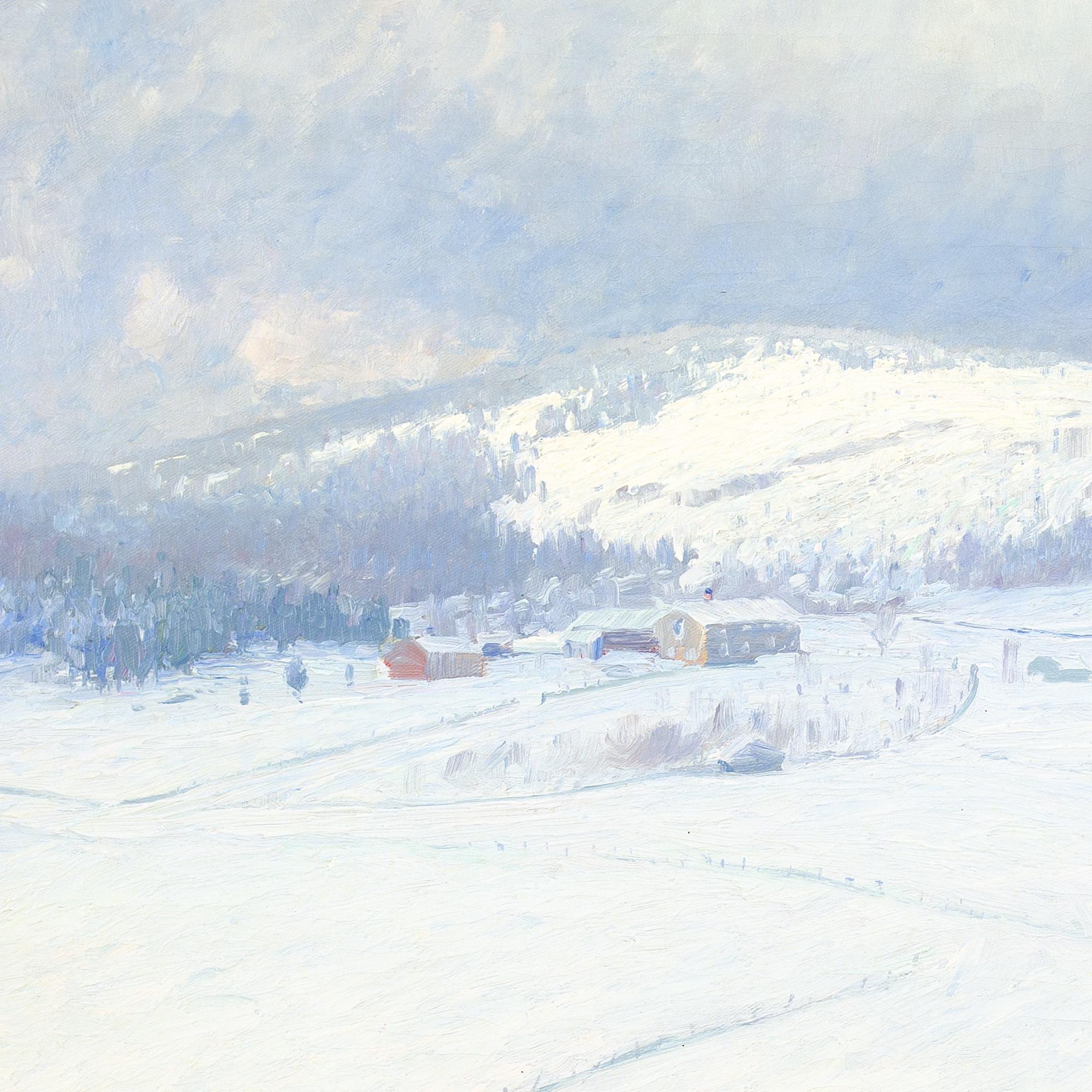 Carl Johansson, Snowy Landscape With Buildings, Antique Oil Painting 4