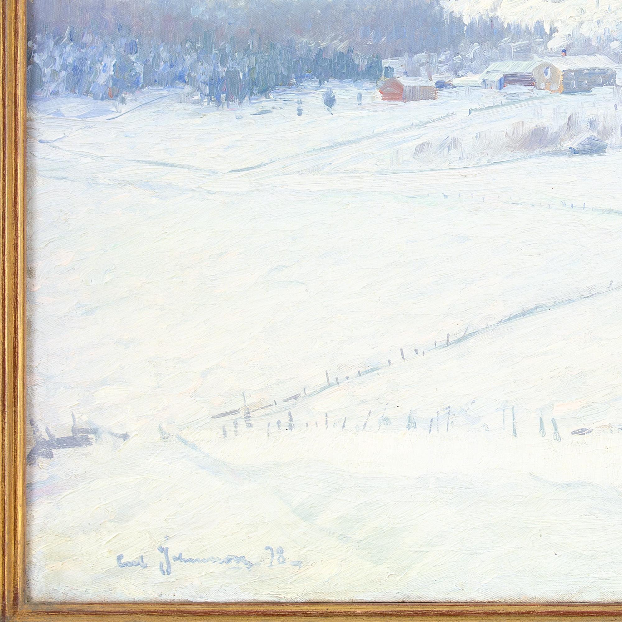 Carl Johansson, Snowy Landscape With Buildings, Antique Oil Painting 6
