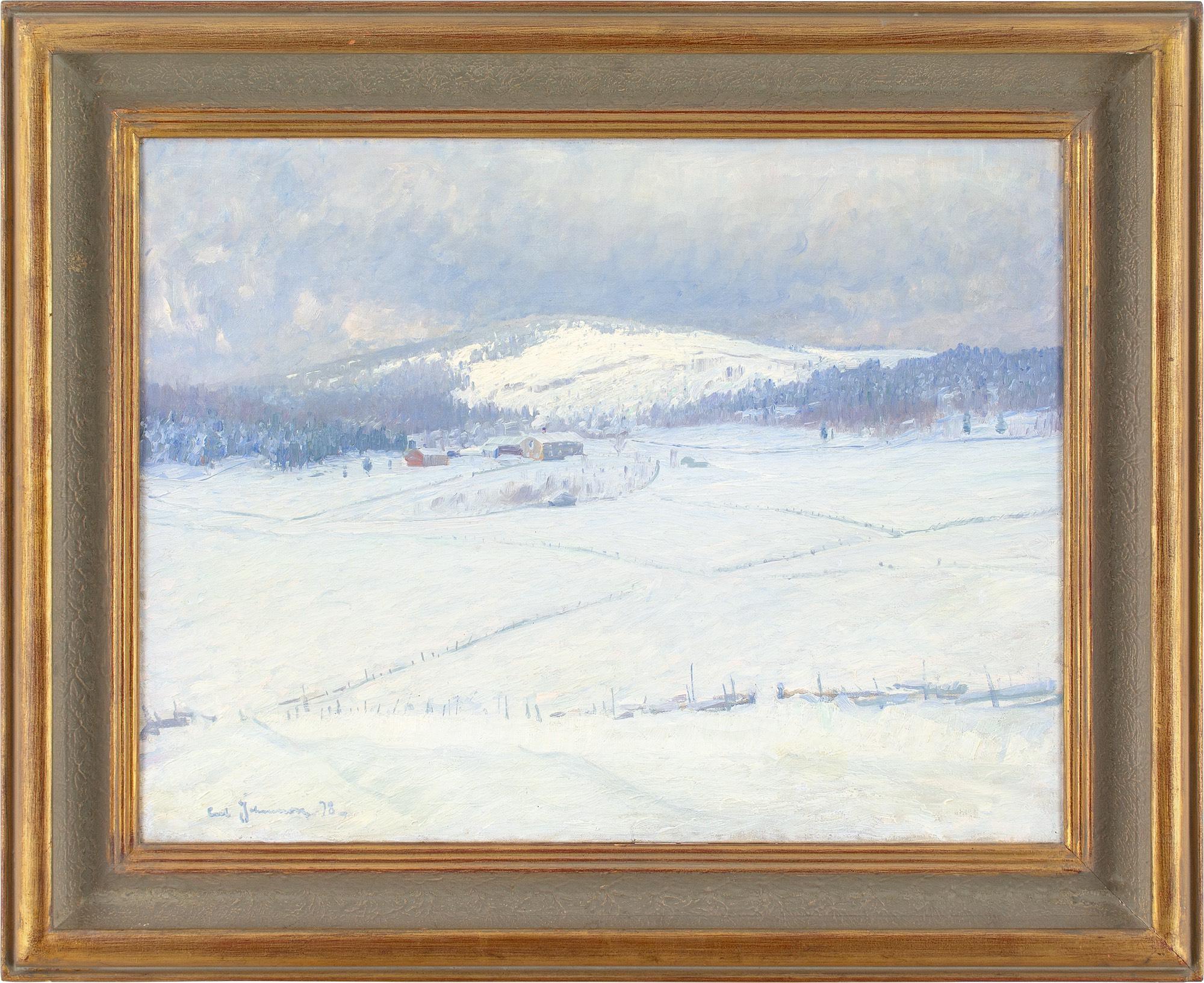 Carl Johansson  Landscape Painting - Carl Johansson, Snowy Landscape With Buildings, Antique Oil Painting