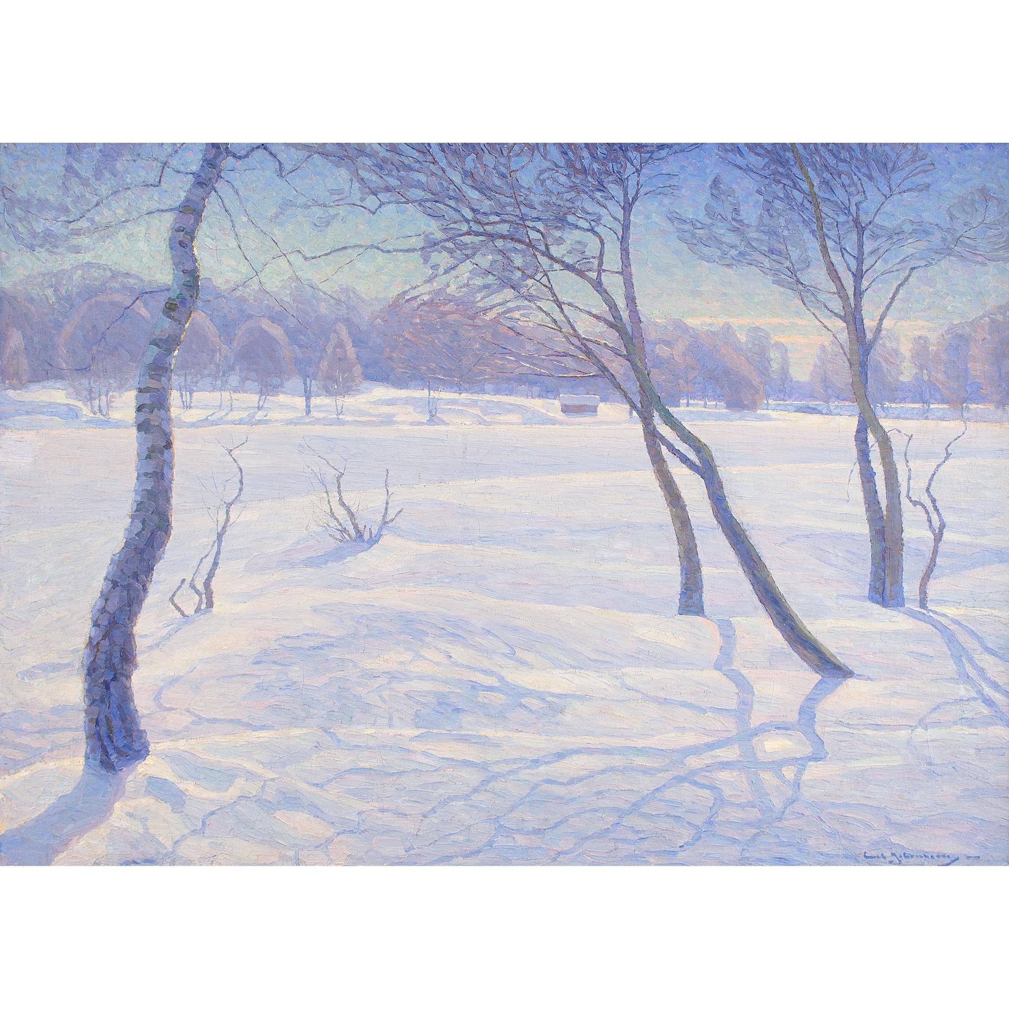 This early 20th-century oil painting by Swedish artist Carl Johansson (1863-1944) depicts a wintery view in Sollentunaholm, near Stockholm, Sweden.

A contorted birch, almost serpentine, leans towards other sinuous trees creating a visual gateway