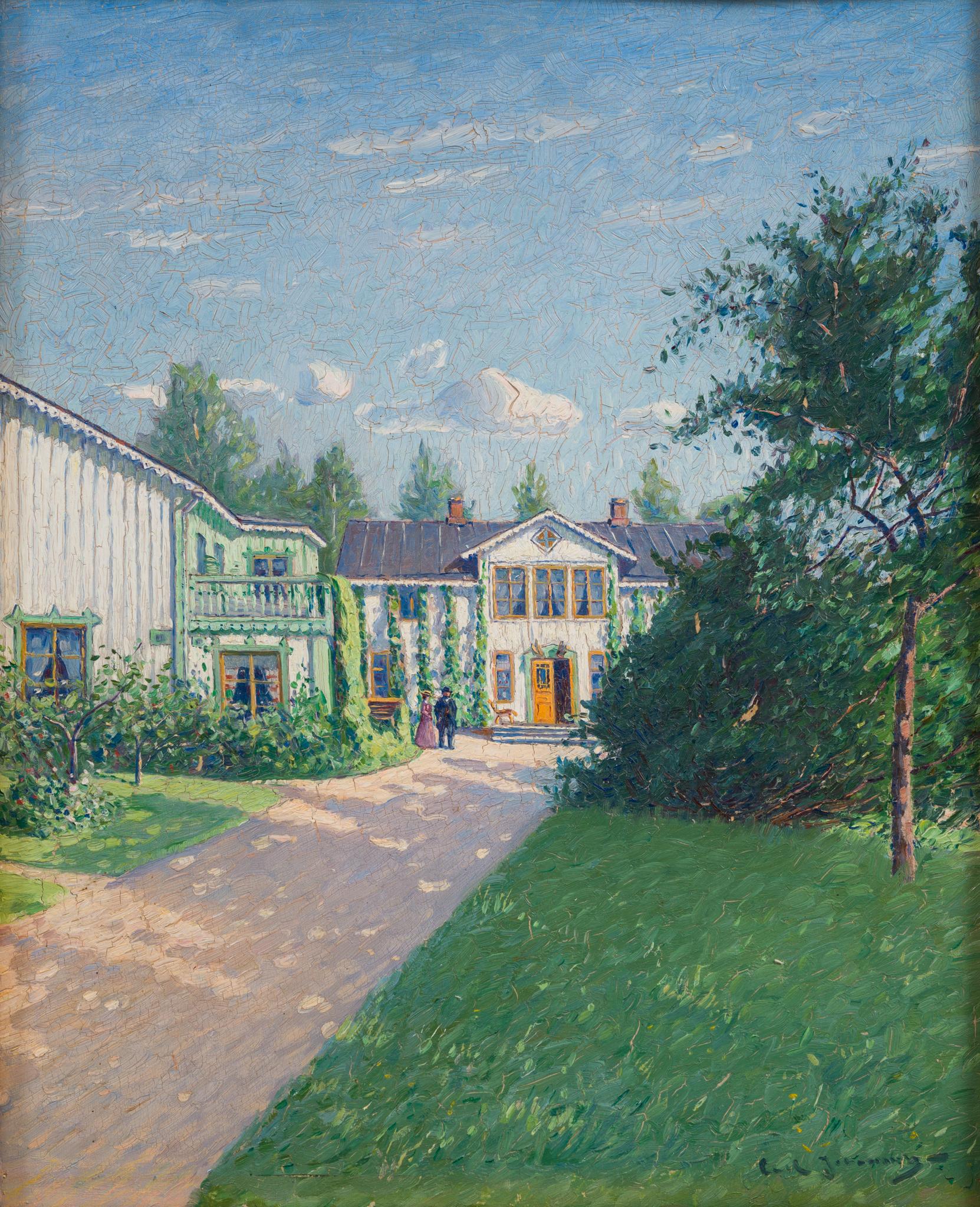 Courtyard with Elegantly Dressed Couple, peinture à l'huile originale - Painting de Carl Johansson 