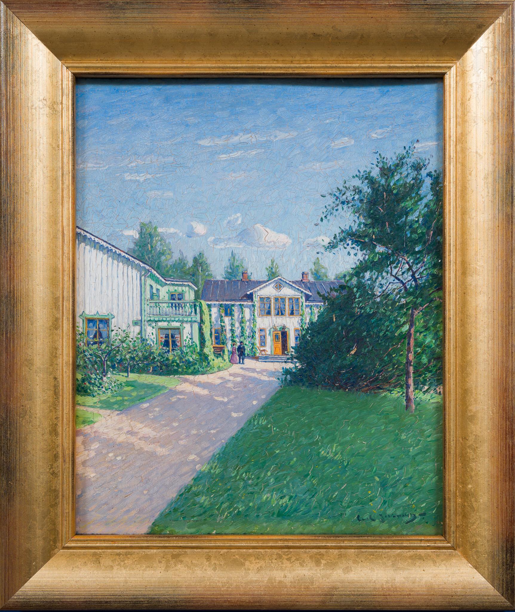 Cortile con coppia elegantemente vestita, pittura a olio originale