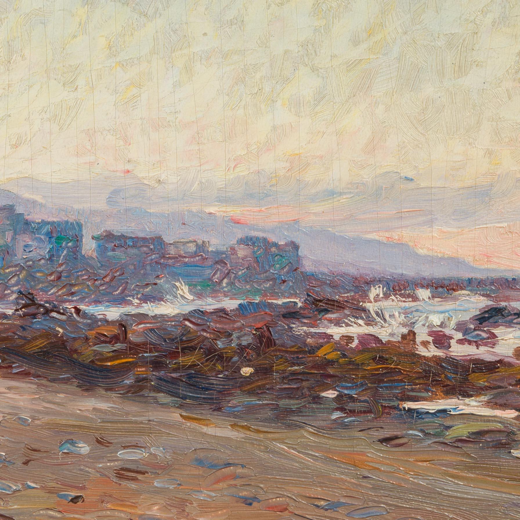 Cette petite huile sur carton (21,5 x 33 cm) est une rare œuvre de jeunesse du paysagiste suédois Carl Johansson (1863-1944). Peinte pendant les voyages de l'artiste aux îles Canaries en 1894, elle représente une vue côtière ensoleillée à Puerto de