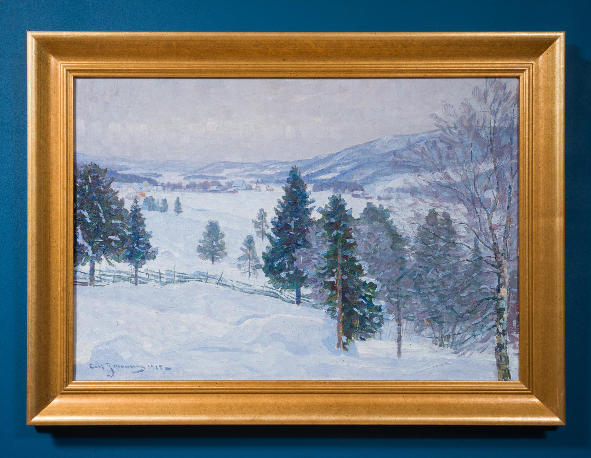 Impressionist Winter Landscape from 1928 - Figurative Painting Grigio di Carl Johansson 