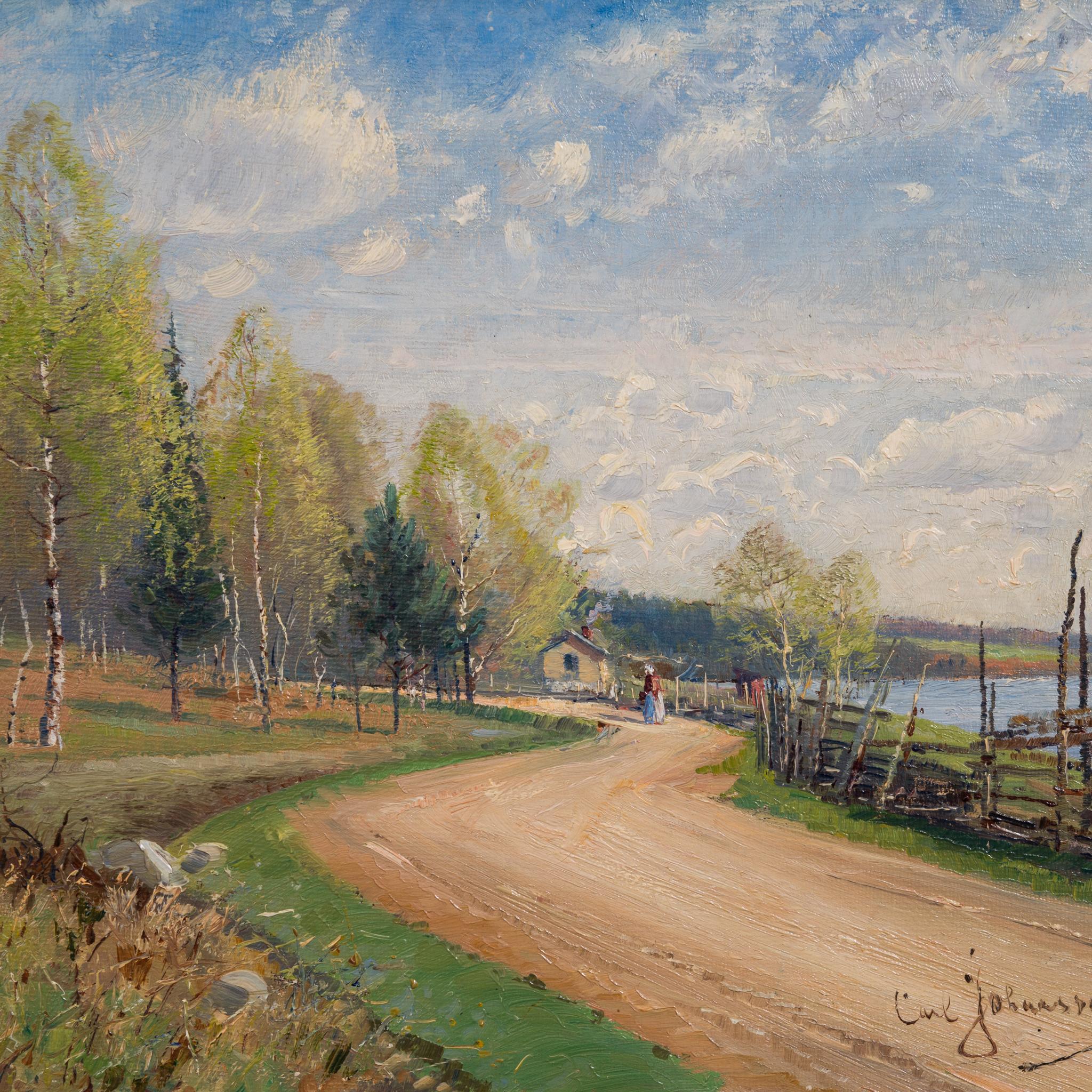 Paysage d'été impressionniste avec peinture de route peint en 1889 - Painting de Carl Johansson 