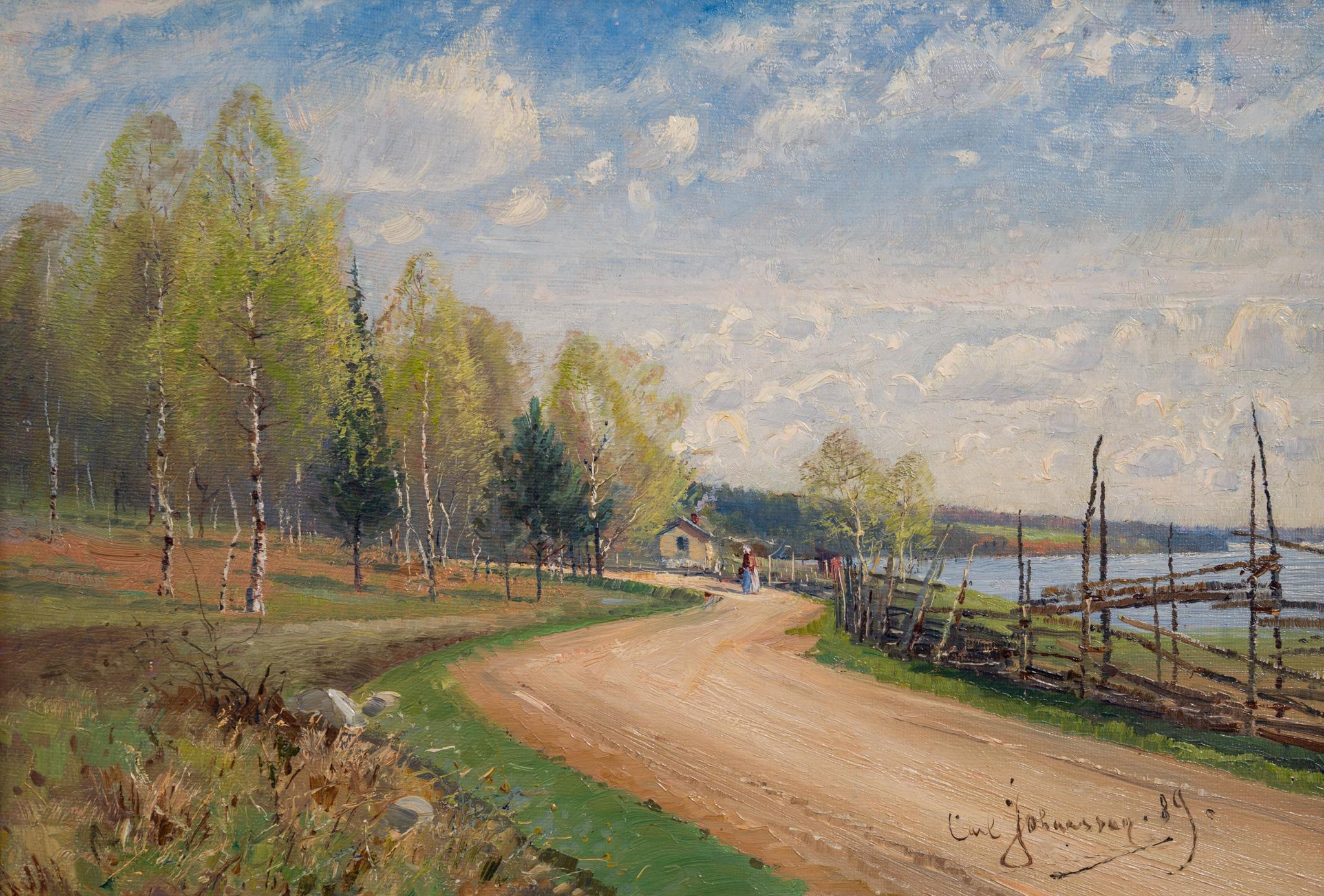 Impressionistische Sommerlandschaft mit Straße, bemalt 1889 (Impressionismus), Painting, von Carl Johansson 