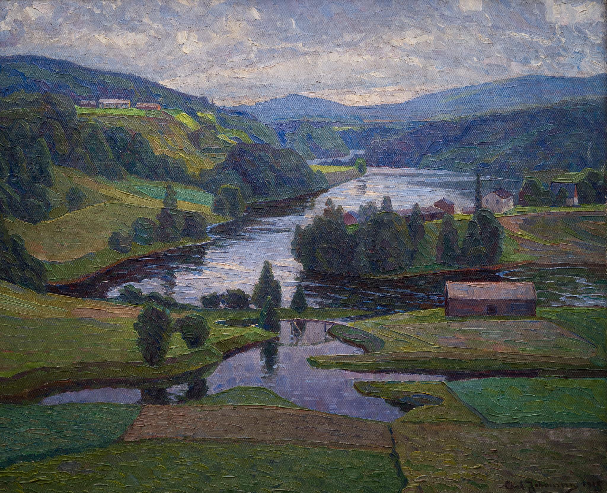 Vue impressionniste d'un paysage suédois, Nordingrå, 1915 - Painting de Carl Johansson 