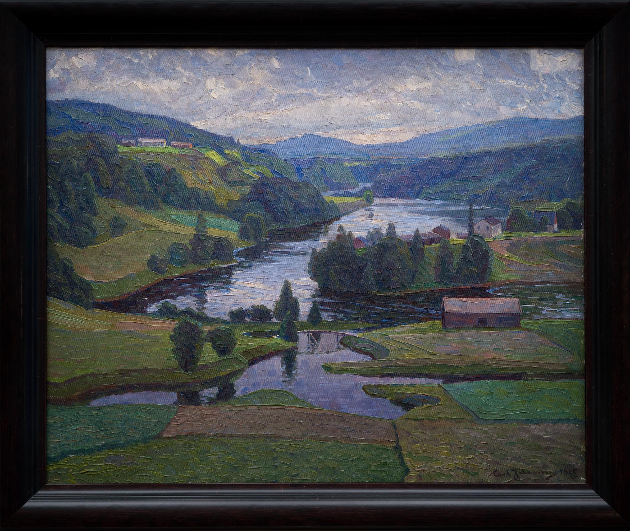 Landscape Painting Carl Johansson  - Vue impressionniste d'un paysage suédois, Nordingrå, 1915