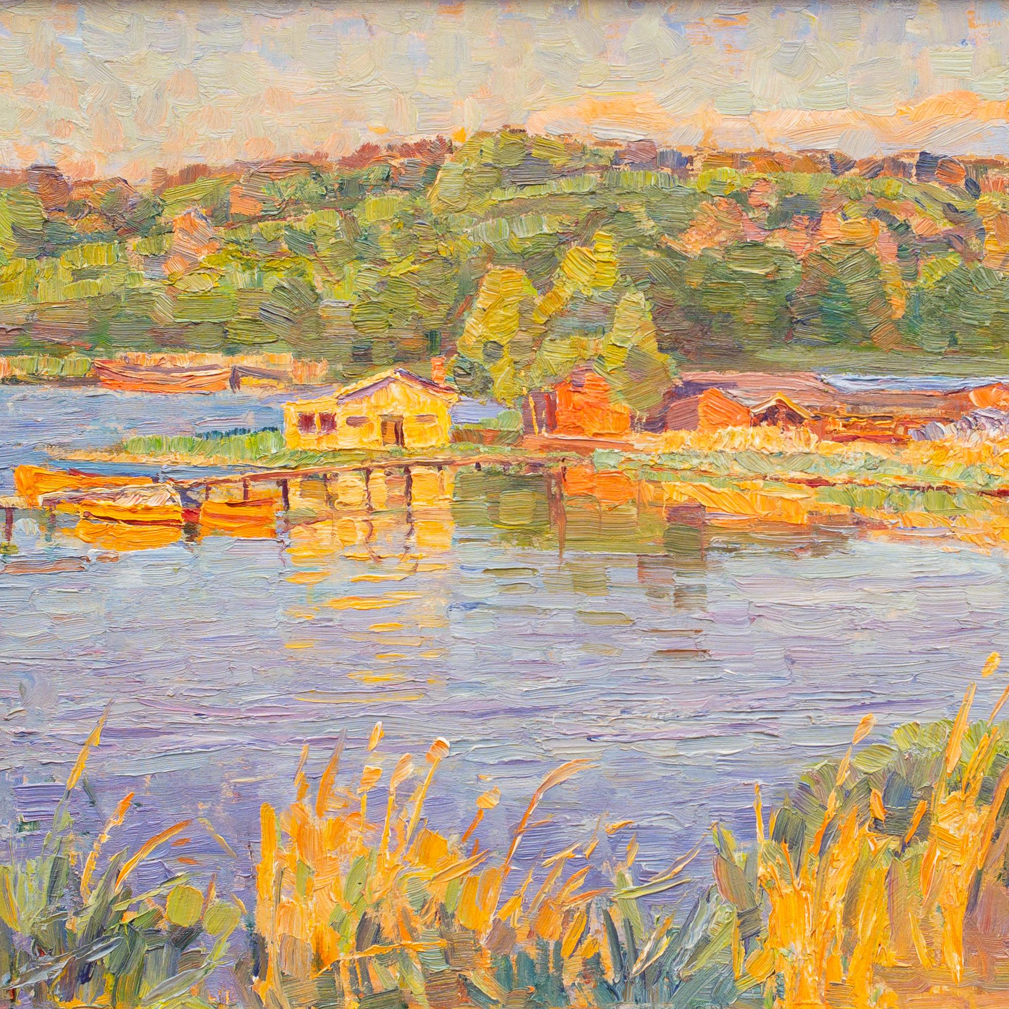 Landscape View With Water Reflections by Swedish Artist Carl Johansson, 1940 - Pointillist Painting by Carl Johansson 