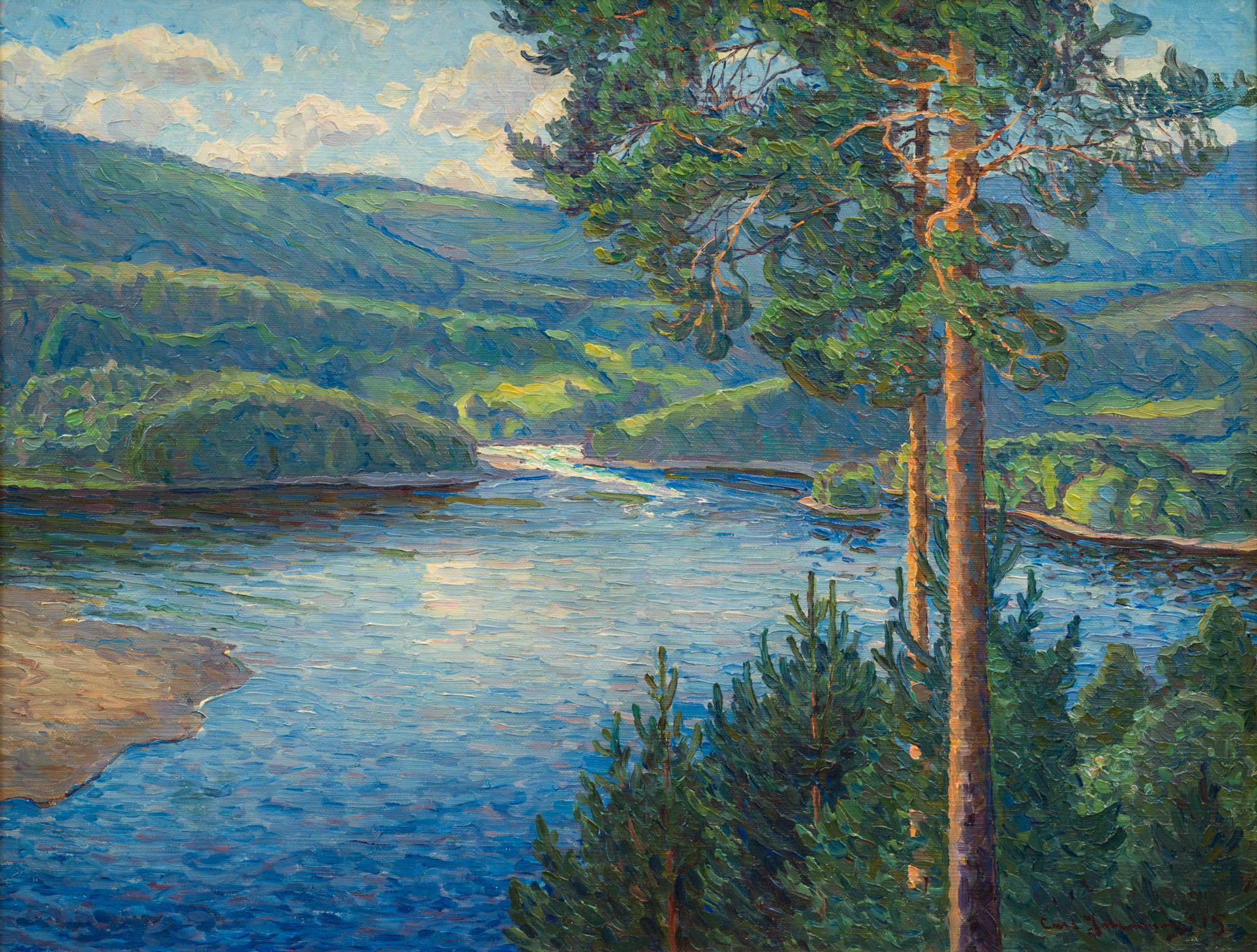 Vangforsen, Ramsele - Nordlicht auf dem Faxälven, 1915 – Painting von Carl Johansson 
