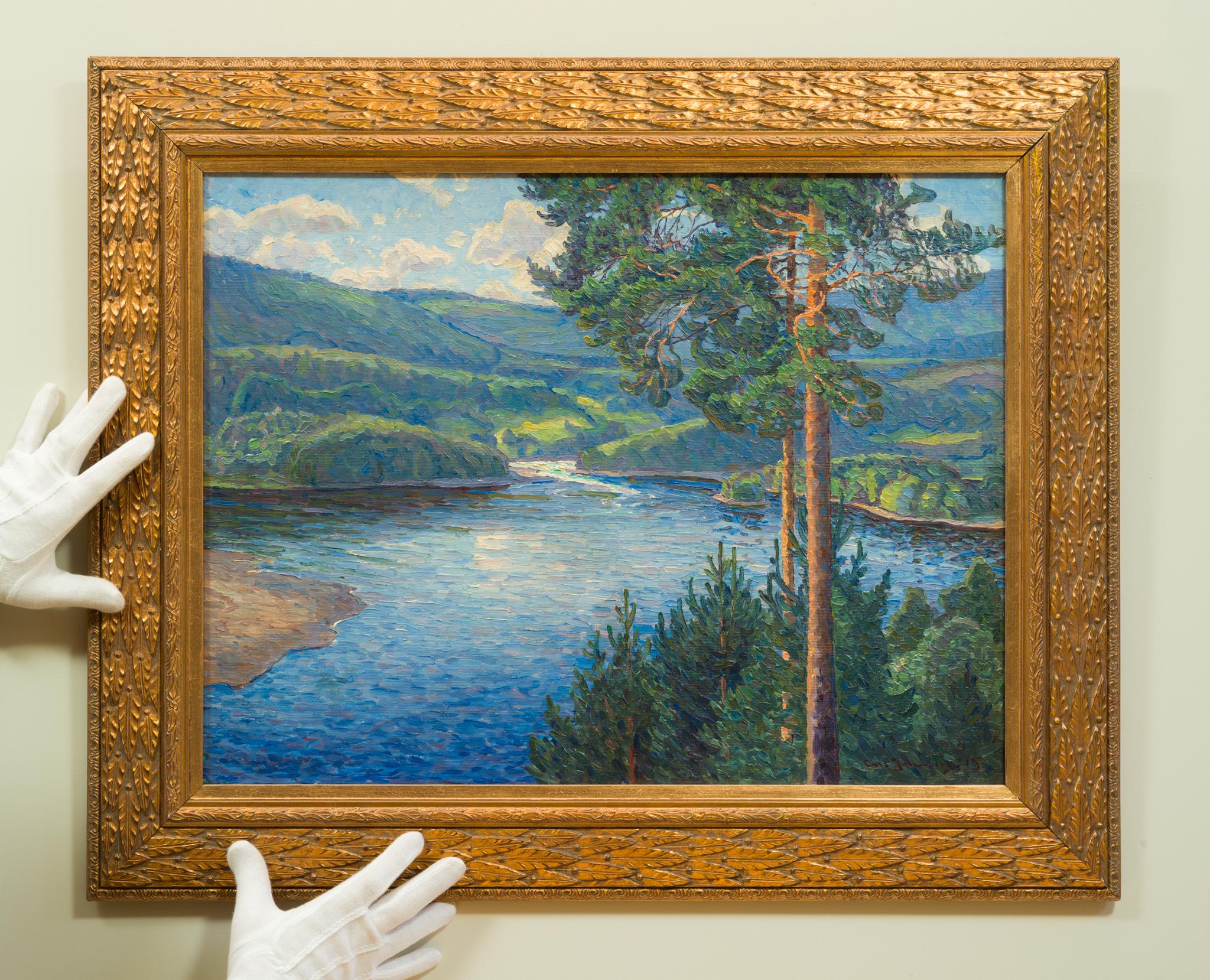 Vangforsen, Ramsele - Nordlicht auf dem Faxälven, 1915 (Impressionismus), Painting, von Carl Johansson 