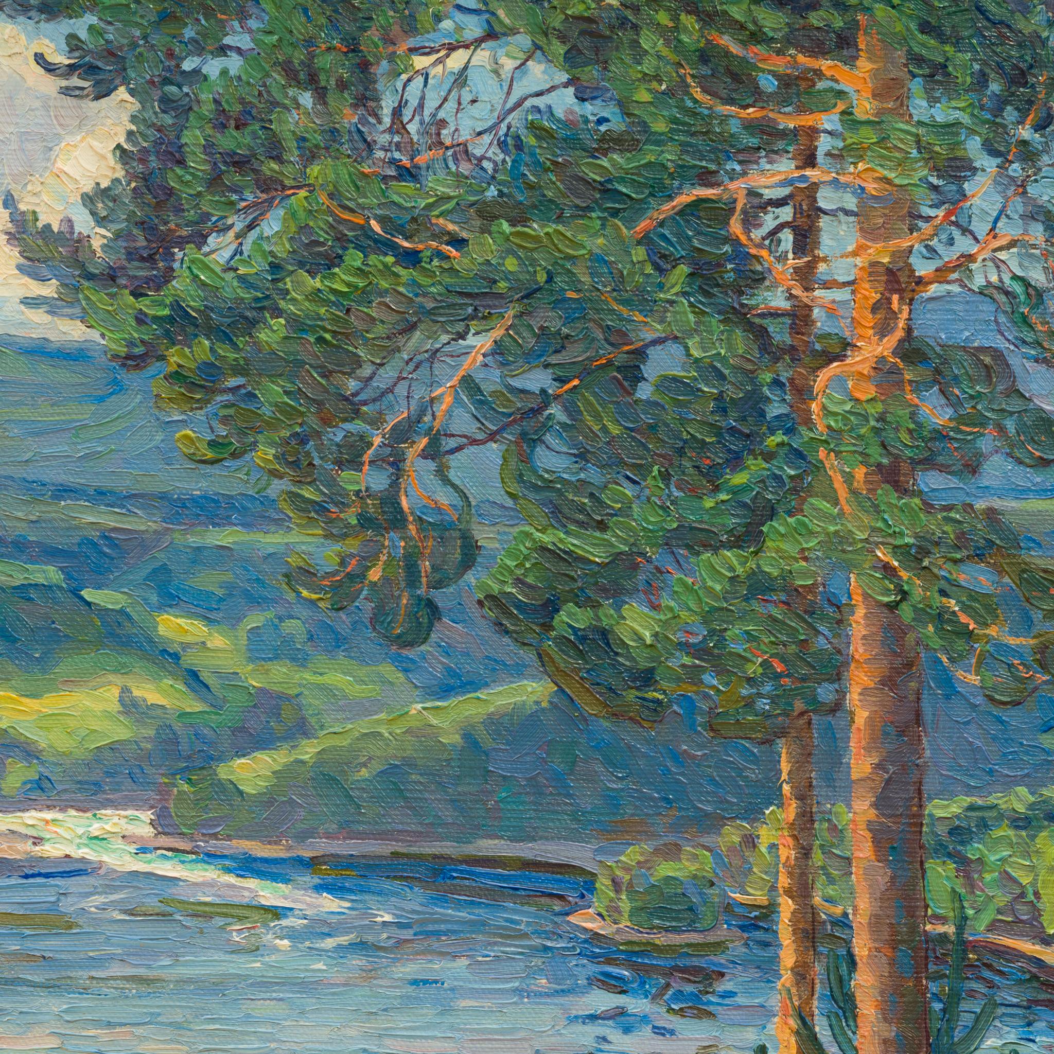 Vangforsen, Ramsele - Nordlicht auf dem Faxälven, 1915 (Braun), Landscape Painting, von Carl Johansson 