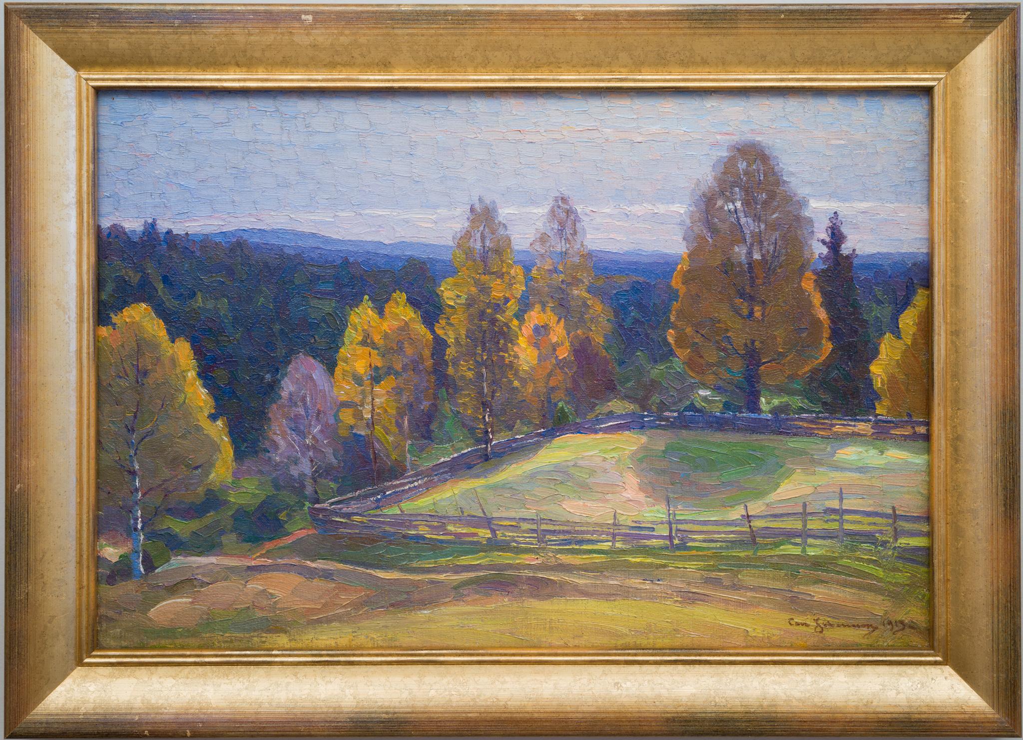 Vase „Herbstlandschaft mit blauen Bergen“ des schwedischen Künstlers Carl Johansson, 1913 – Painting von Carl Johansson 