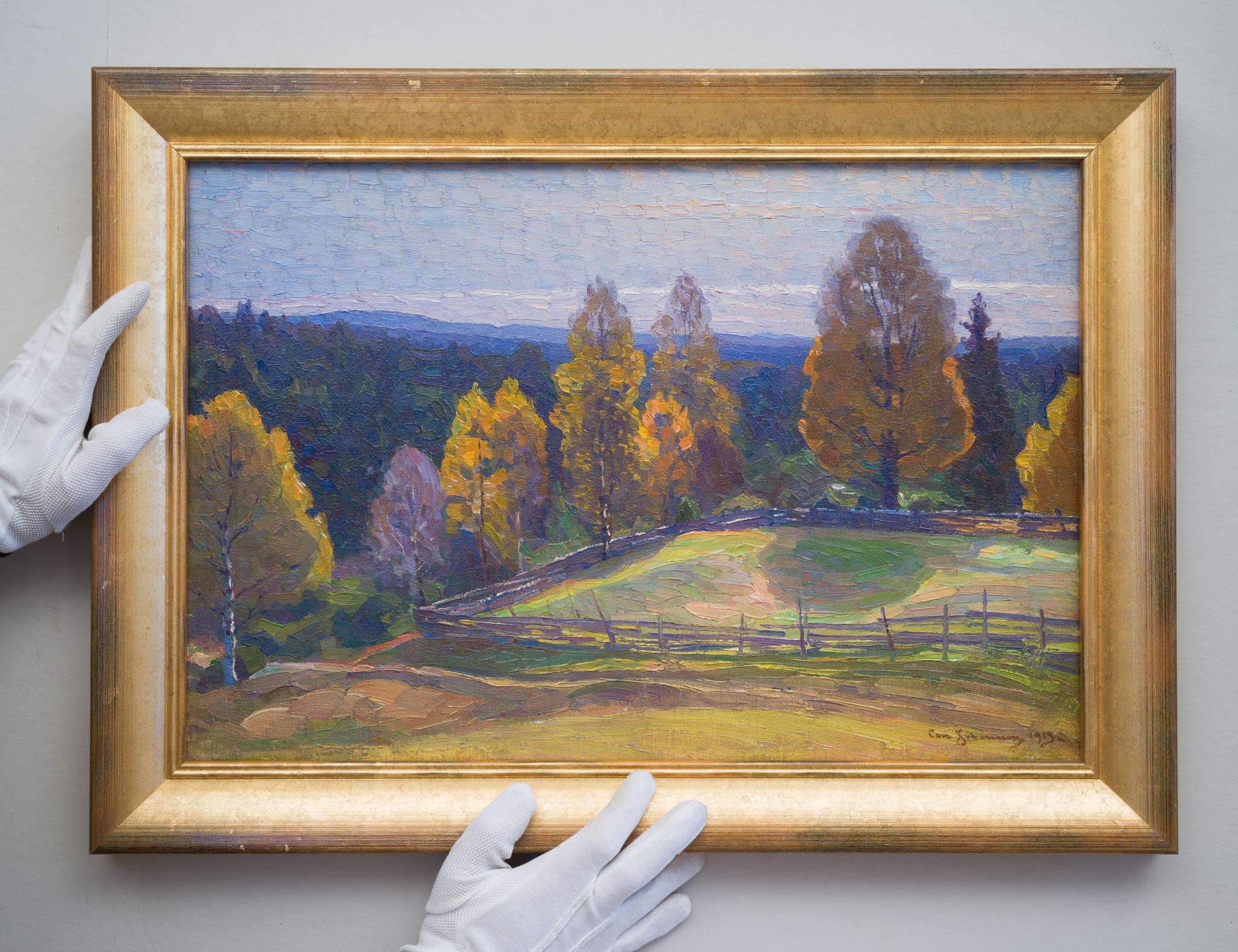Vase „Herbstlandschaft mit blauen Bergen“ des schwedischen Künstlers Carl Johansson, 1913 (Post-Impressionismus), Painting, von Carl Johansson 