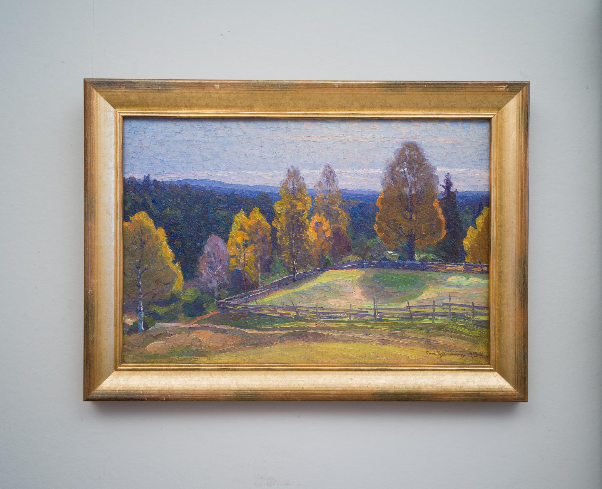 Vast Autumn Landscape With Blue Mountains by Swedish Artist Carl Johansson, 1913 - Post-Impressionist Painting by Carl Johansson 