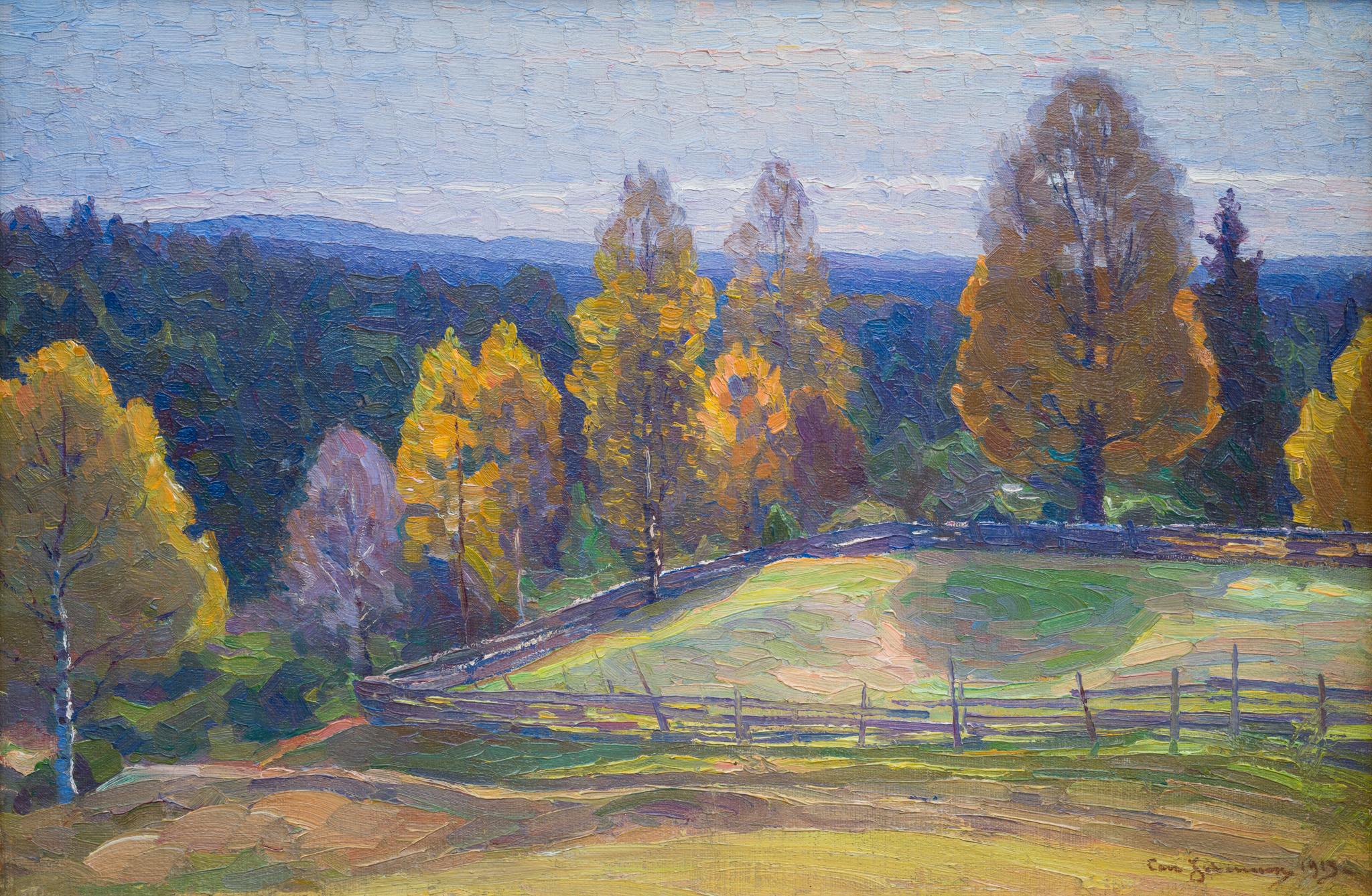 Figurative Painting de Carl Johansson  - Vasto paisaje otoñal con montañas azules del artista sueco Carl Johansson, 1913