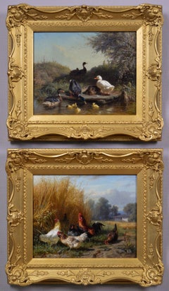 19th Century pair of animal oil paintings of ducks & chickens in a landscape