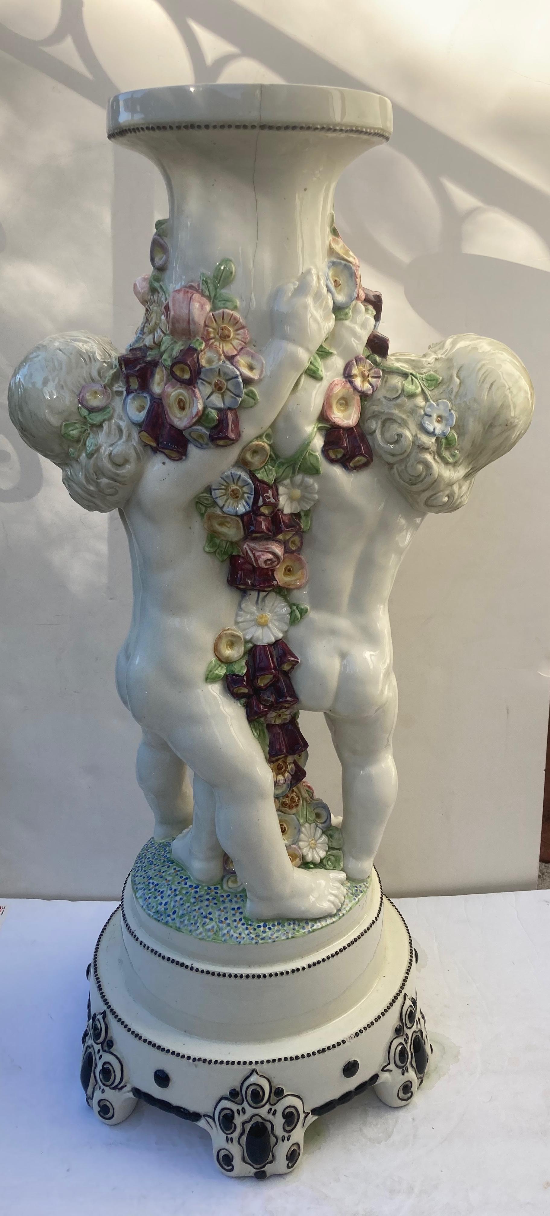 Moulé Carl 'Karl' Klimt Ceramic/Pottery Glazed Stand, Column with Putti/Putto, Flower en vente
