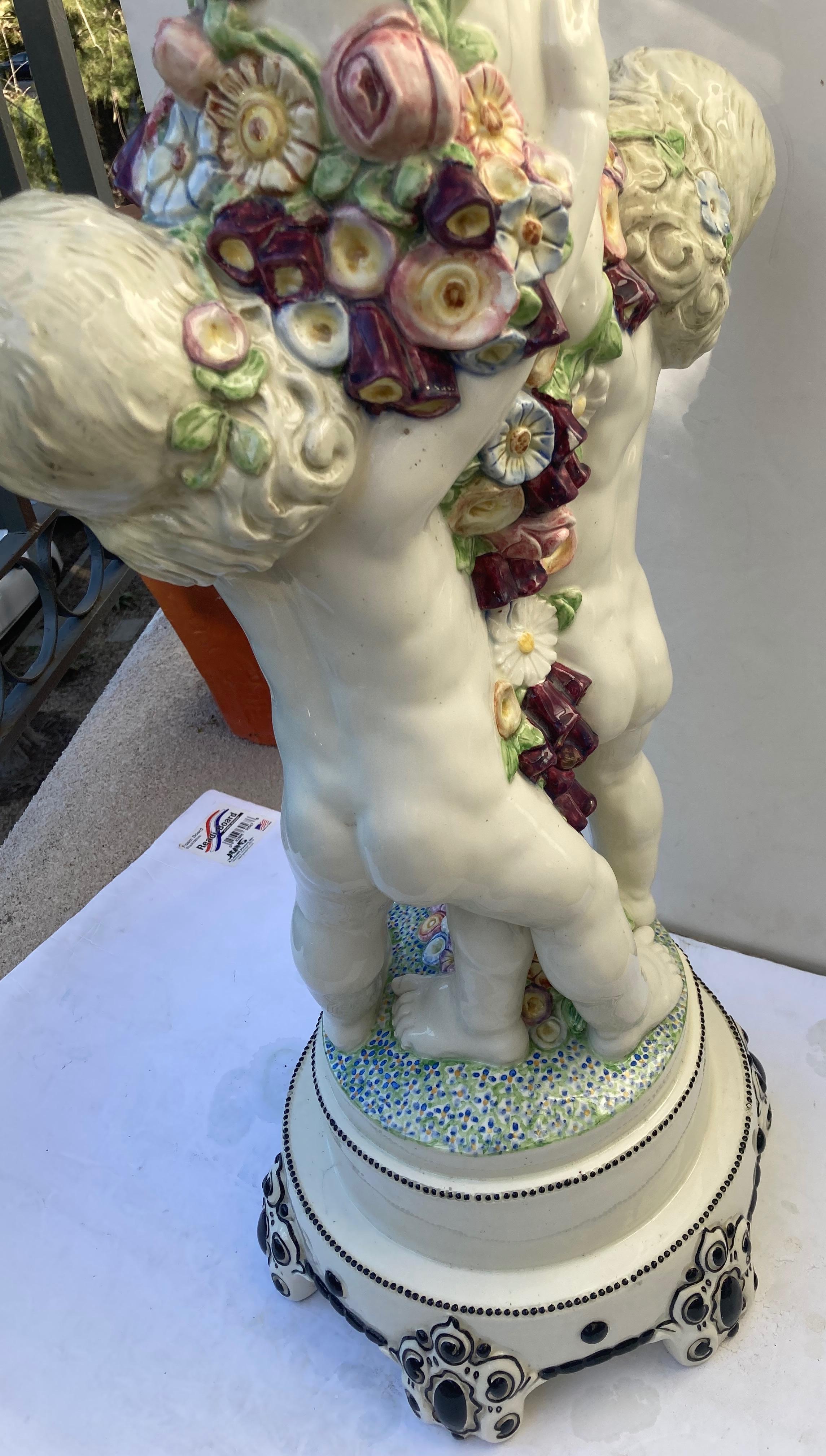 Czech Carl 'Karl' Klimt Ceramic/Pottery Glazed Stand, Column with Putti/Putto, Flower For Sale