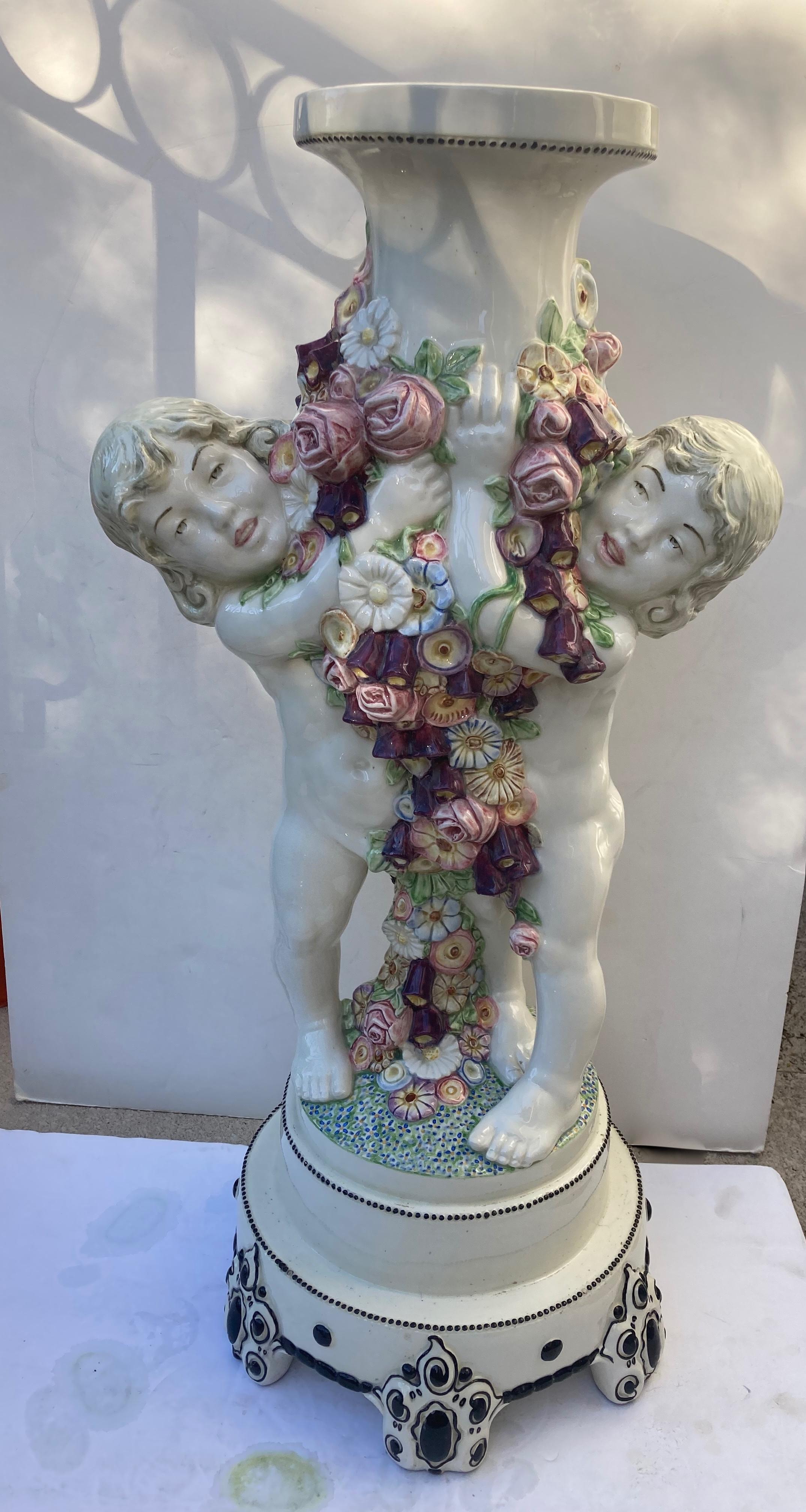 Céramique Carl 'Karl' Klimt Ceramic/Pottery Glazed Stand, Column with Putti/Putto, Flower en vente