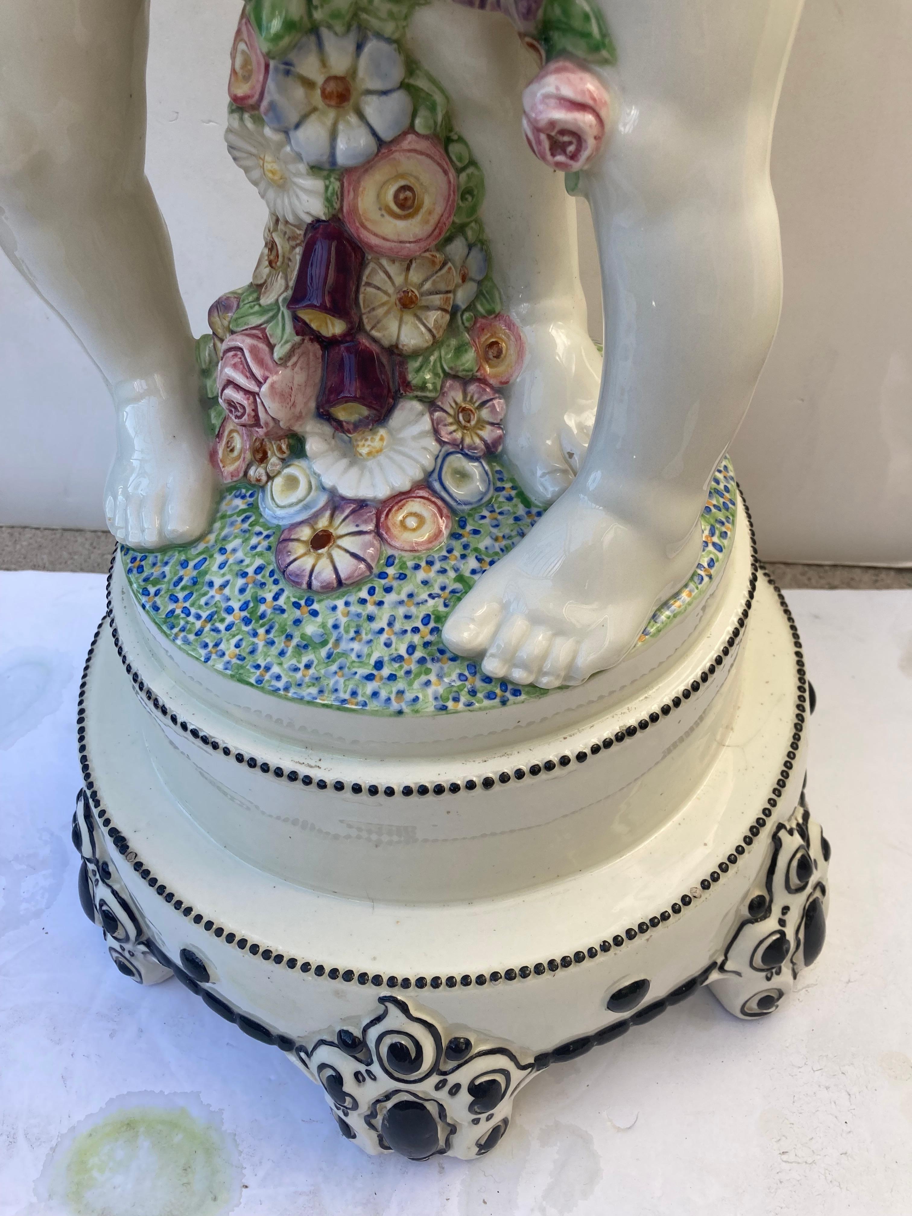 Carl 'Karl' Klimt Ceramic/Pottery Glazed Stand, Column with Putti/Putto, Flower In Fair Condition For Sale In Los Angeles, CA