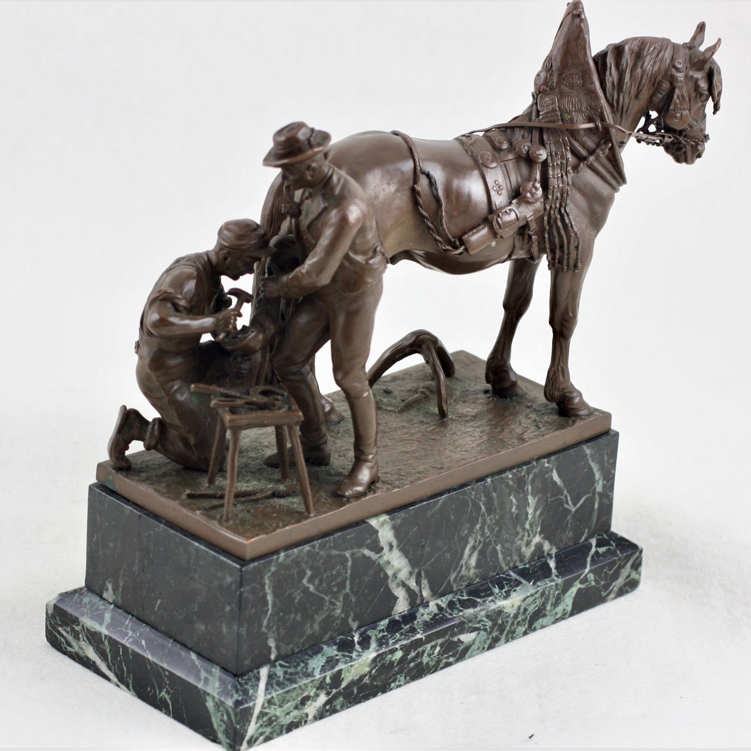 Beautifully executed bronze sculpture, two farriers and horse, signed by the artist Carl Kauba. After learning the chaser trade, Carl Kauba graduated from the technical school for chiselers and bronze workers. He then studied in 1892/93 with Karl