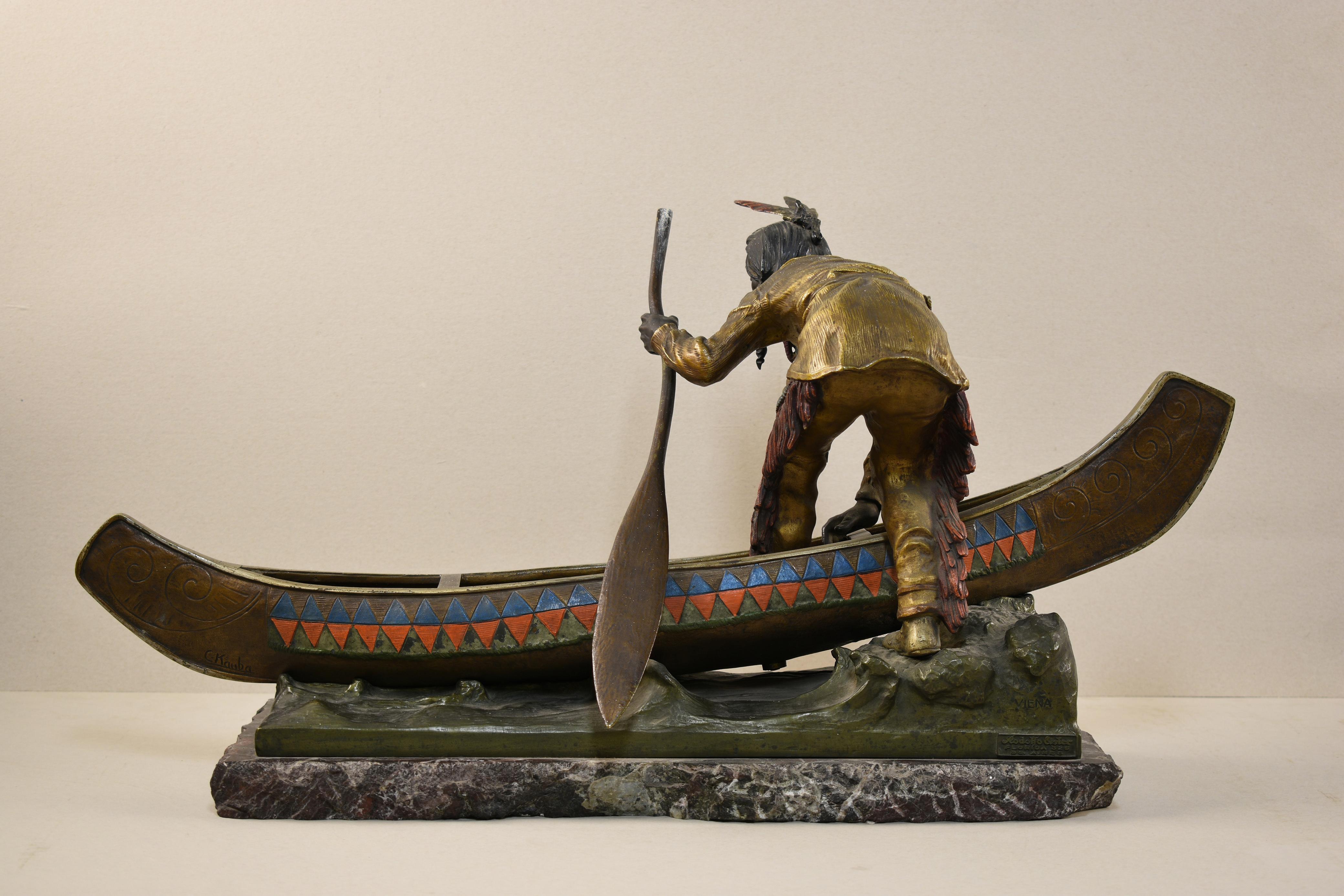American Indian stepping into a canoe - Sculpture by Carl Kauba