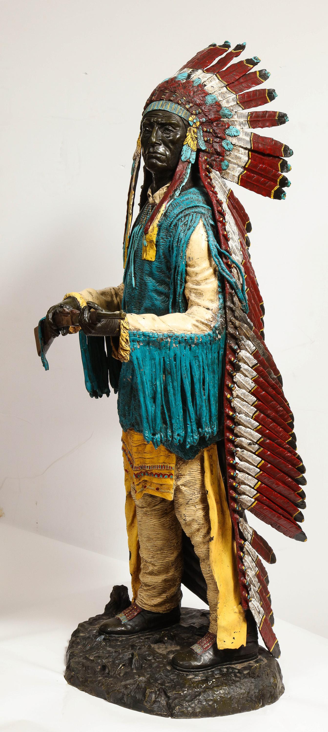 Near Life-Size Polychrome Bronze of a Native American Indian Chief after Kauba 4