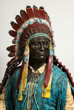 Near Life-Size Polychrome Bronze of a Native American Indian Chief after Kauba