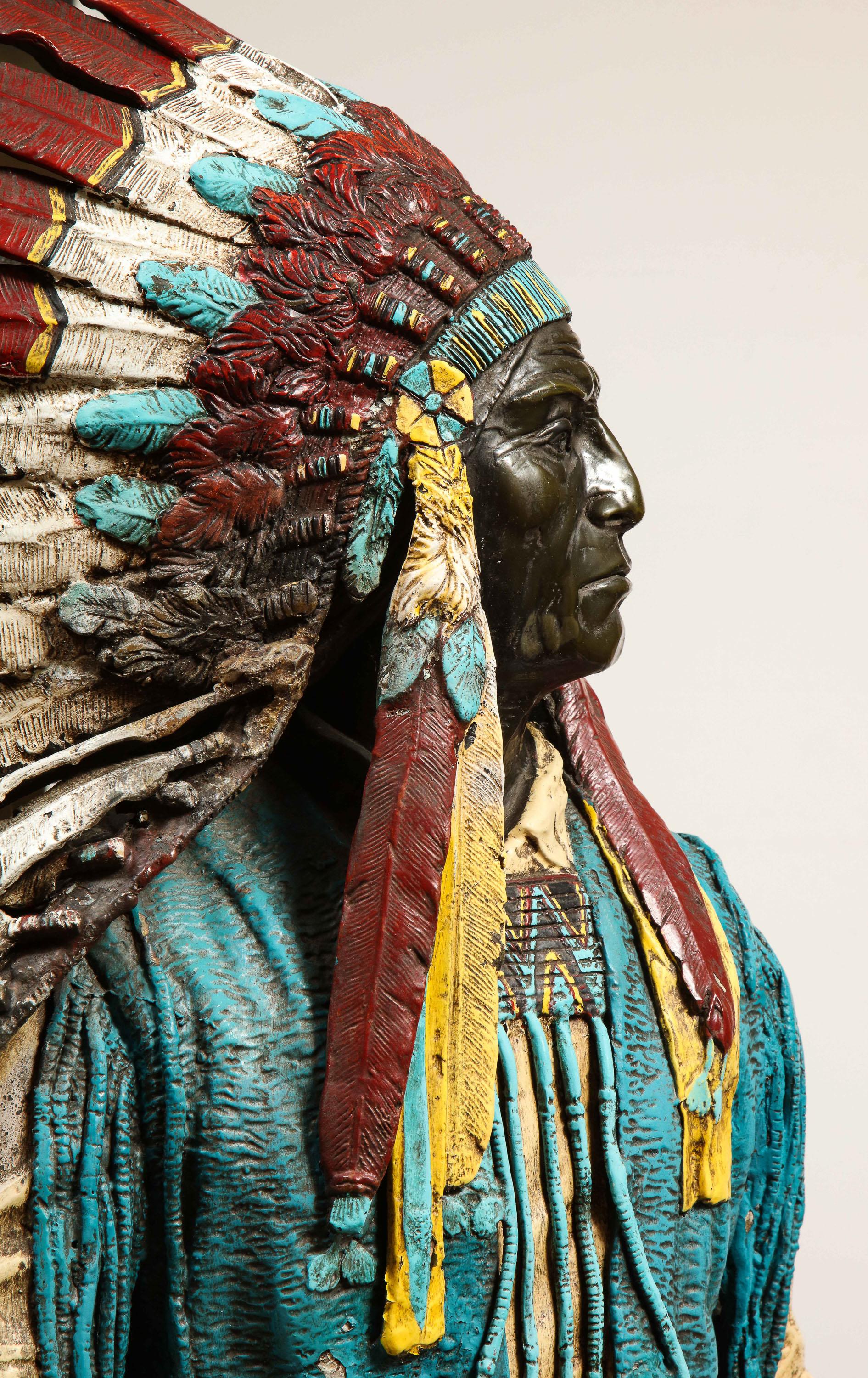 Near Life-Size Polychrome Bronze of a Native American Indian Chief after Kauba 13