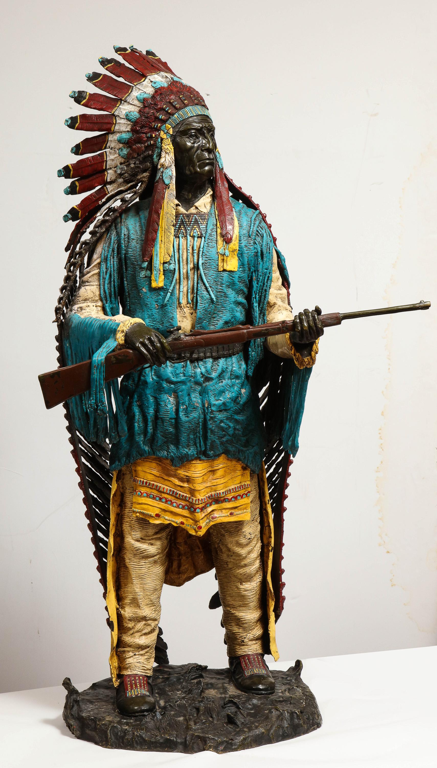 Near Life-Size Polychrome Bronze of a Native American Indian Chief after Kauba - Gold Figurative Sculpture by Carl Kauba