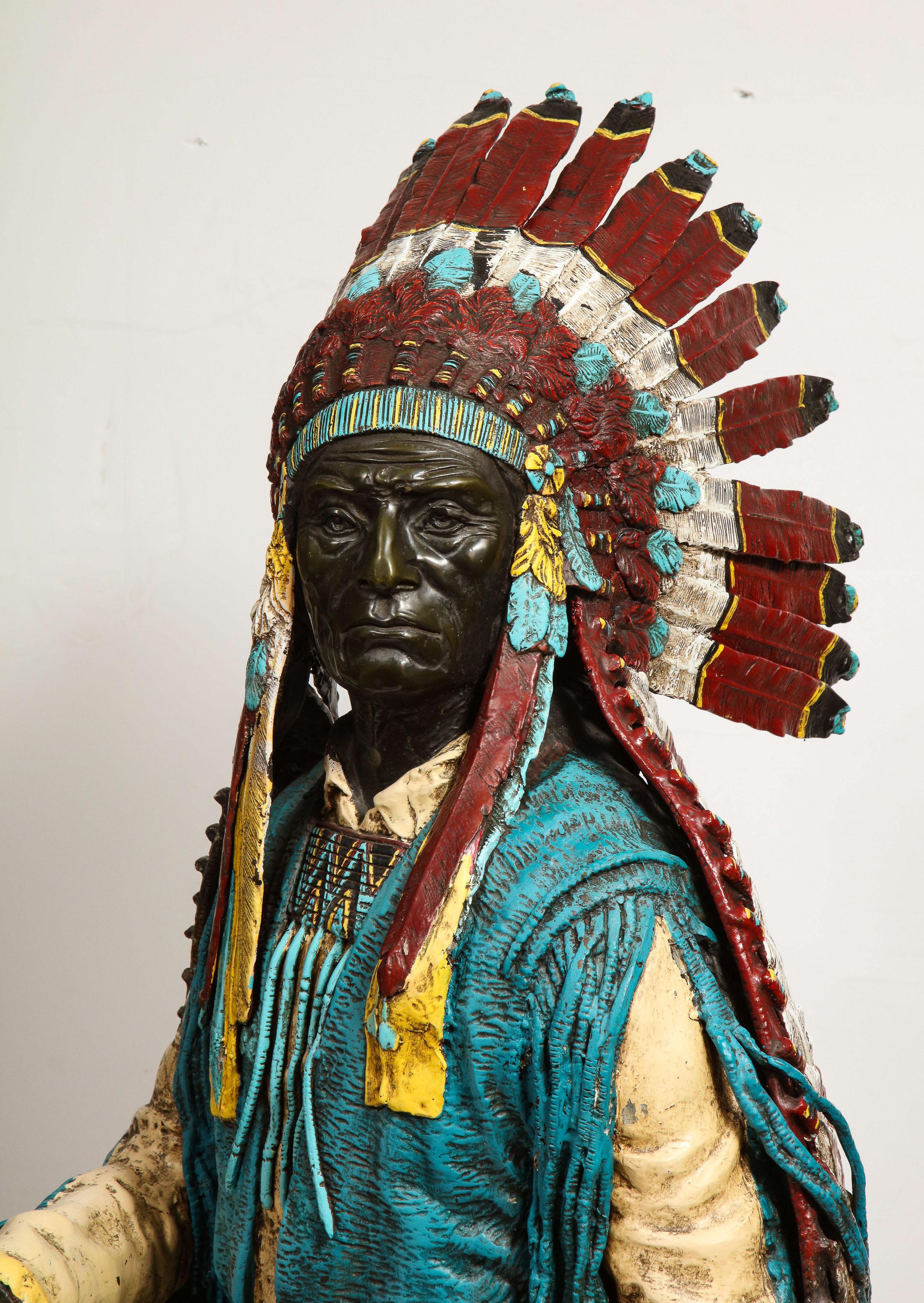 Near Life-Size Polychrome Bronze of a Native American Indian Chief after Kauba 2