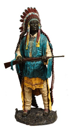 Used Near Life-Size Polychrome Bronze of a Native American Indian Chief after Kauba