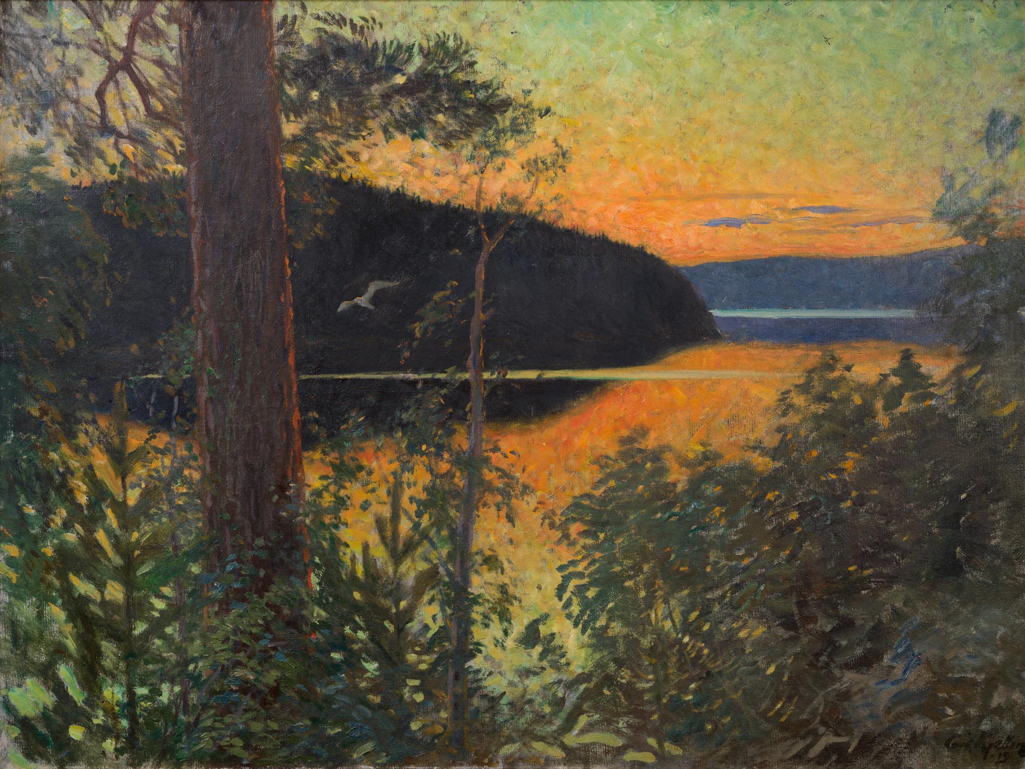 Sonnenuntergang über dem See, 1919 vom schwedischen Künstler Carl Kjellin (1862-1939) 