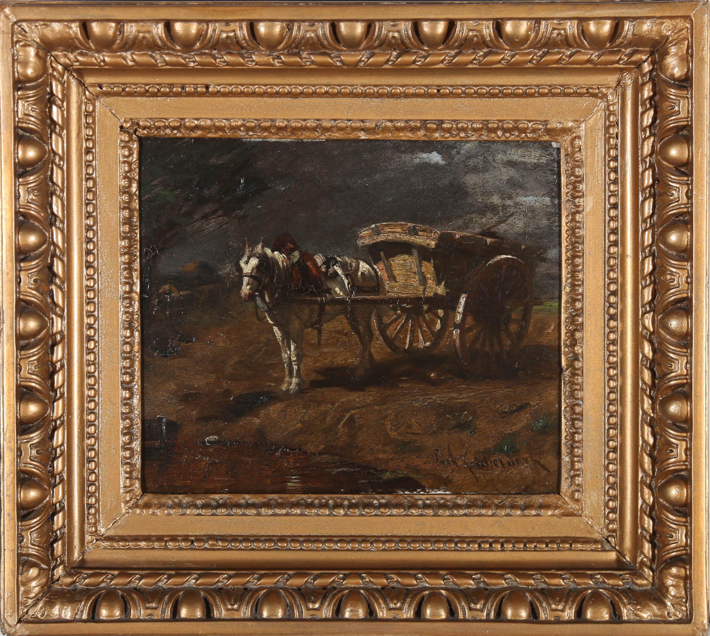 A fine 19th Century scene in oil, showing a white cart horse, waiting patiently with a hay cart behind, ready to be loaded up. Stormy clouds gather overhead and reflect in the water in the foreground. The artist has signed to the lower right corner