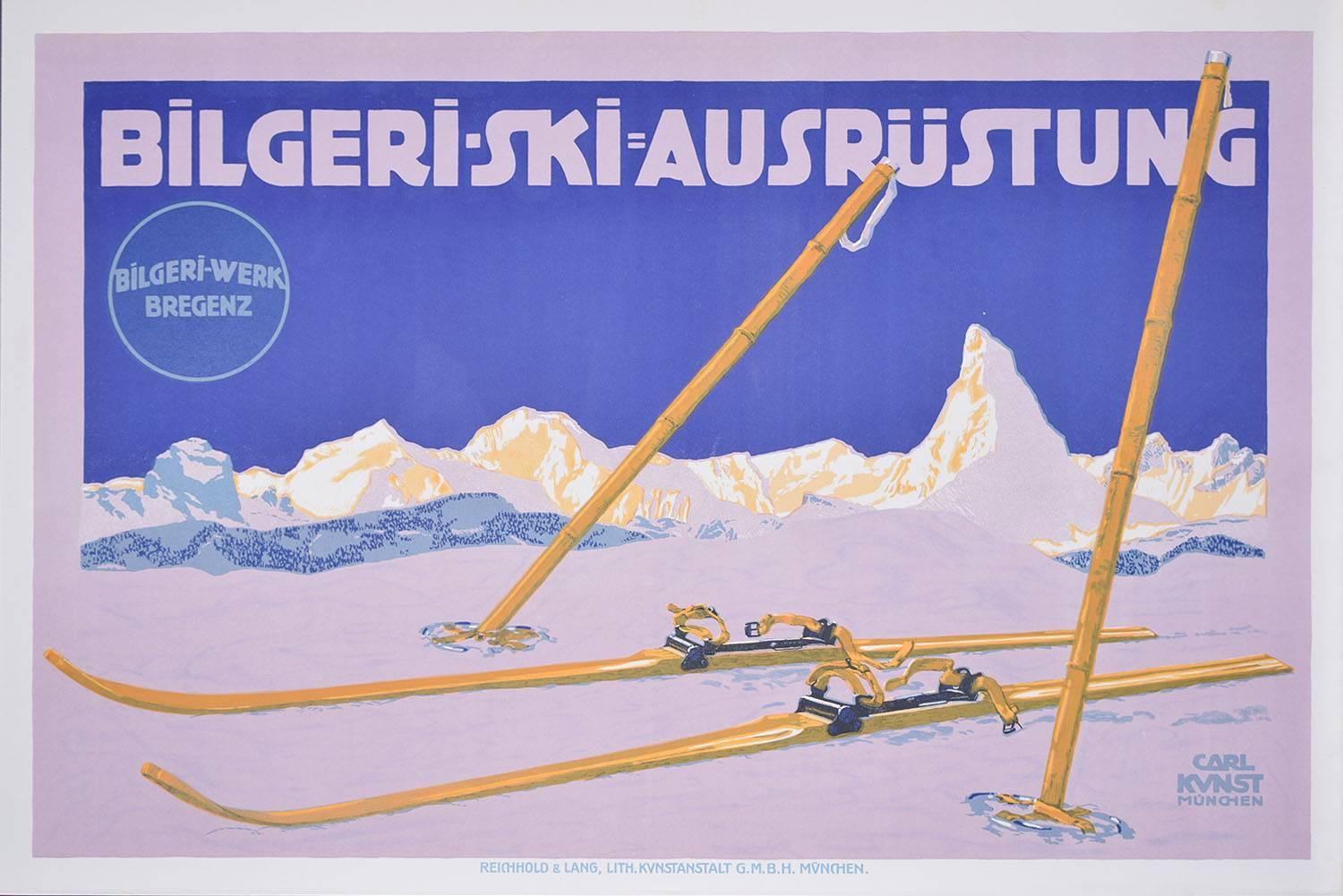 Affiche vintage d'origine Bilgeri Ski avec Matterhorn, Skierhorn, vers 1910, Carl Kunst Bregenz
