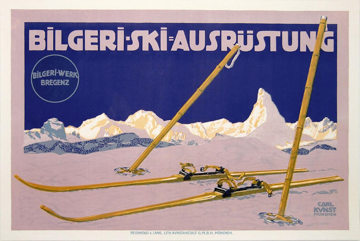 Carl Kunst Print - Original Antique Skiing Poster Bilgeri Werk Bregenz Austria - Matterhorn Zermatt