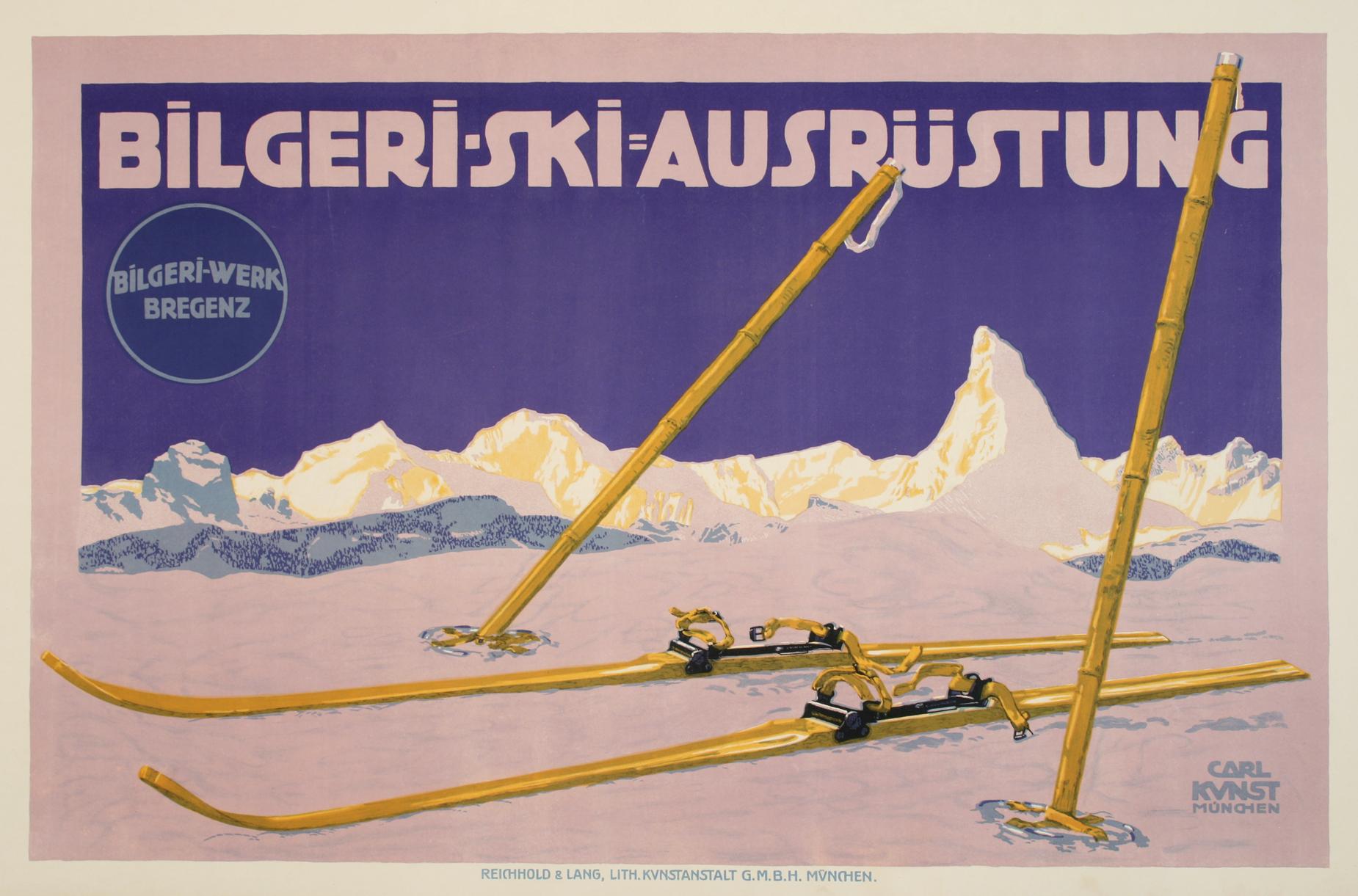 Carl Kunst creó este cartel vintage de esquí hacia 1915. Además de artista, Kunst también era alpinista, lo que le hizo perfecto para diseñar este anuncio para la empresa muniquesa de material de esquí Bilgeri-Ski Ausruestung. Utilizó este diseño