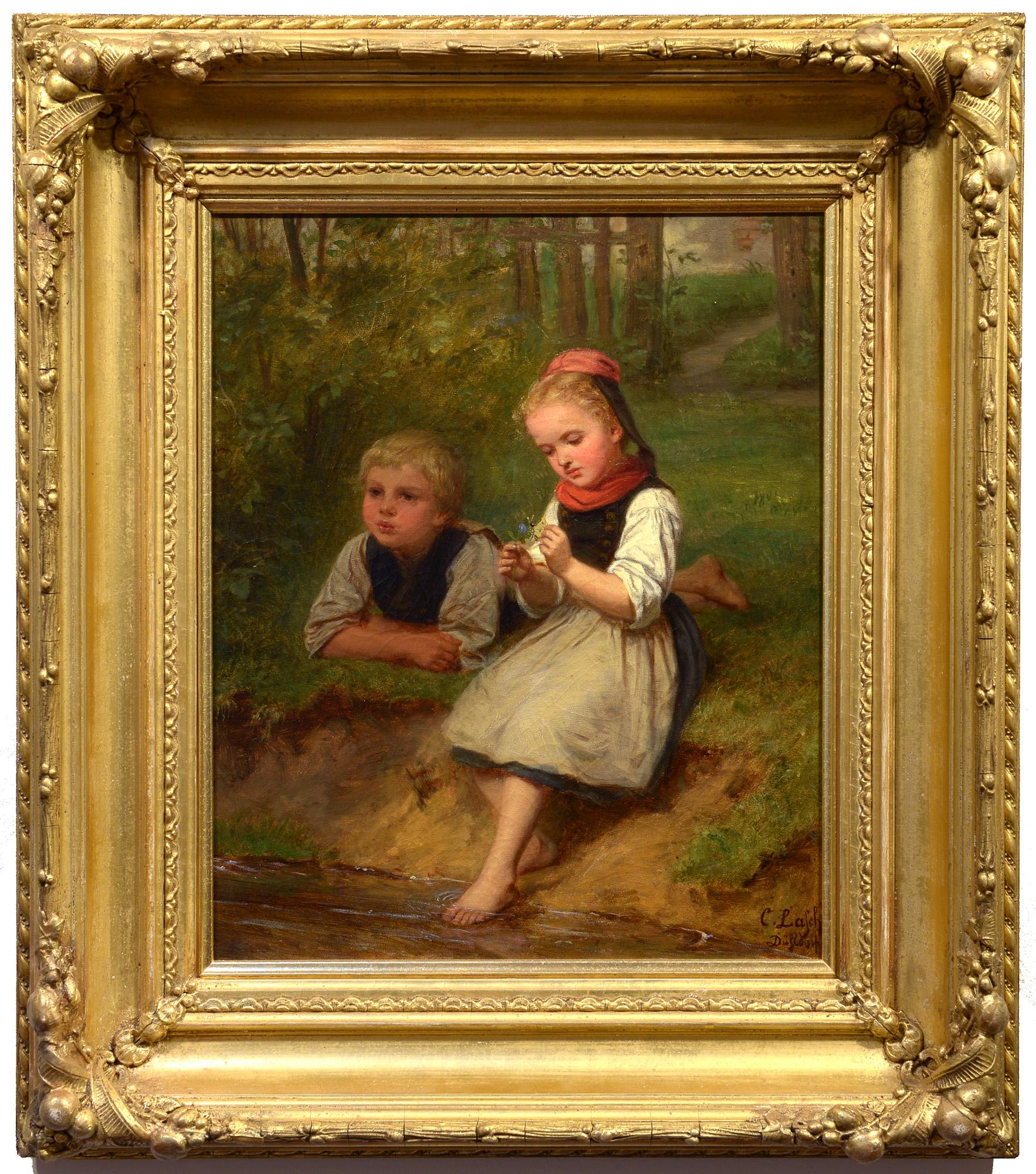 La Mariposa, Siglo XIX, Alemán, Realismo, Escena de género, Niños, Paisaje - Painting de Carl Lasch