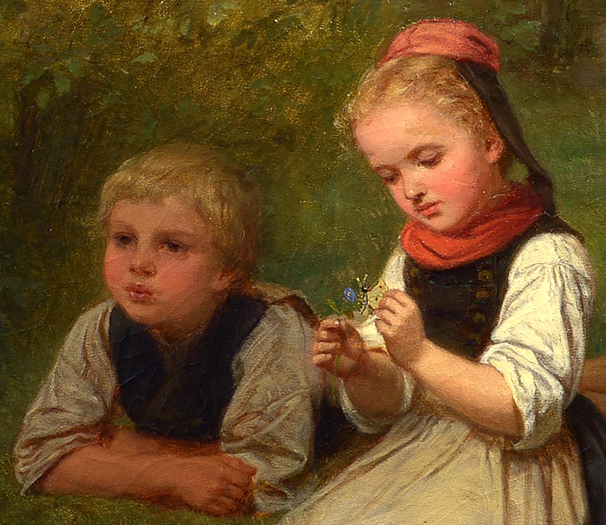 La Mariposa, Siglo XIX, Alemán, Realismo, Escena de género, Niños, Paisaje - Figurative Painting Marrón de Carl Lasch
