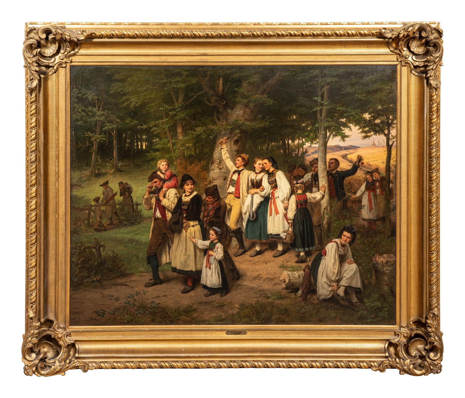Carl Lasch (1822-1888 German) "The Walk Back Home" A Monumental Exhibition Painting, 

Oil on canvas laid to masonite in original gilt-wood frame.

This monument painting is the artists largest and most important work known to date. It depicts a