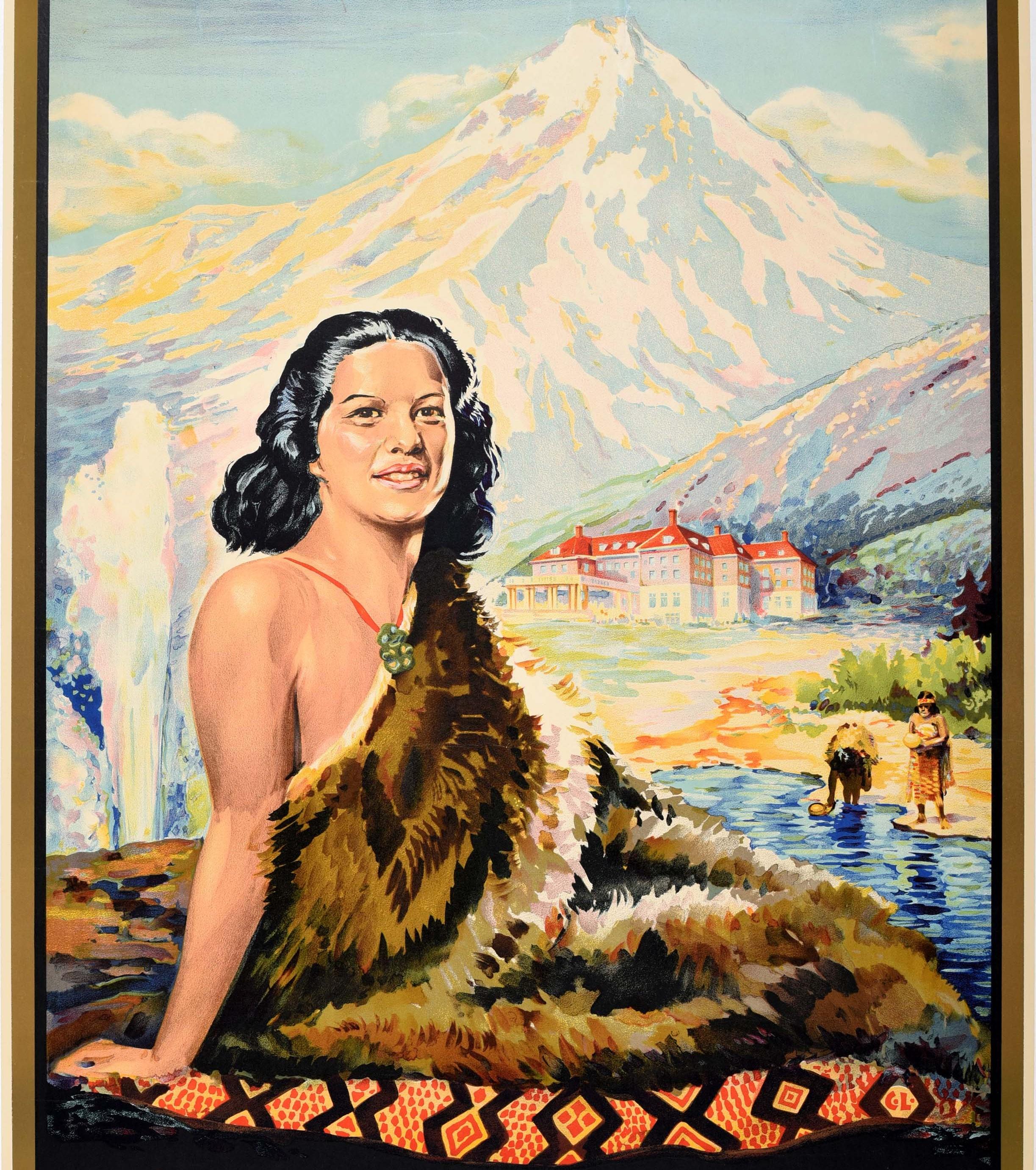 Original Vintage Poster New Zealand Wonderland Of The Pacific Maori Mt Tongariro - Beige Print by Carl Laugesen