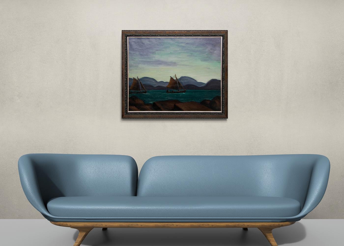 1930s Large Framed Seascape Oil Painting 'Waterways' Lysekil, Sweden Landscape For Sale 3