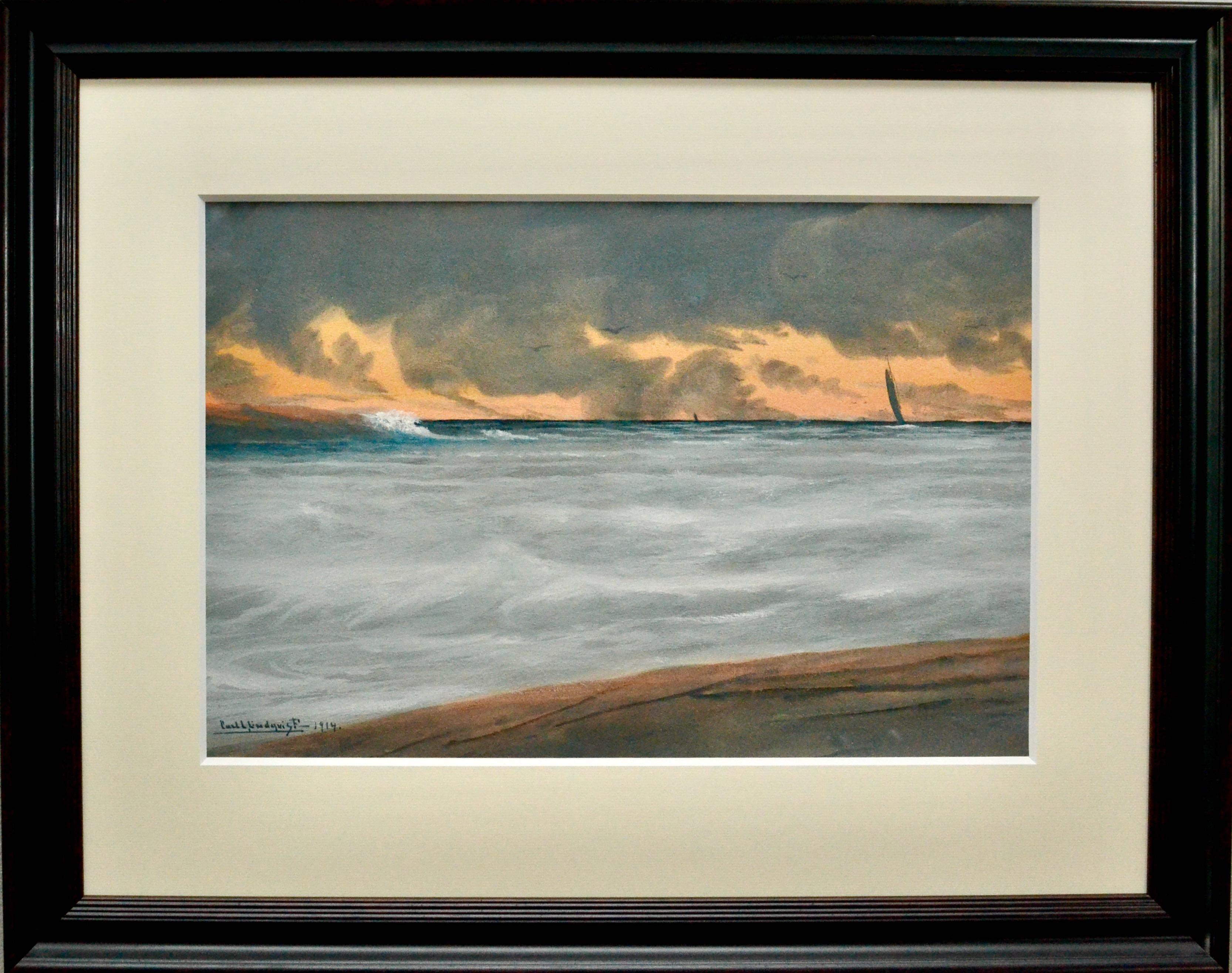 Coastal Landscape at Dusk with a Sailboat - Early 20th Century Mixed Media - Mixed Media Art by Carl Lindqvist 