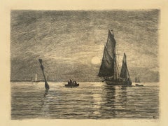 Carl Locher Maritime Etching with Sailing Vessels at Dusk, Dated 1899