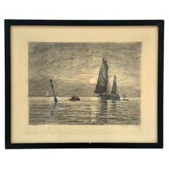 Carl Locher Maritime Etching with Sailing Vessels at Dusk, Dated 1899